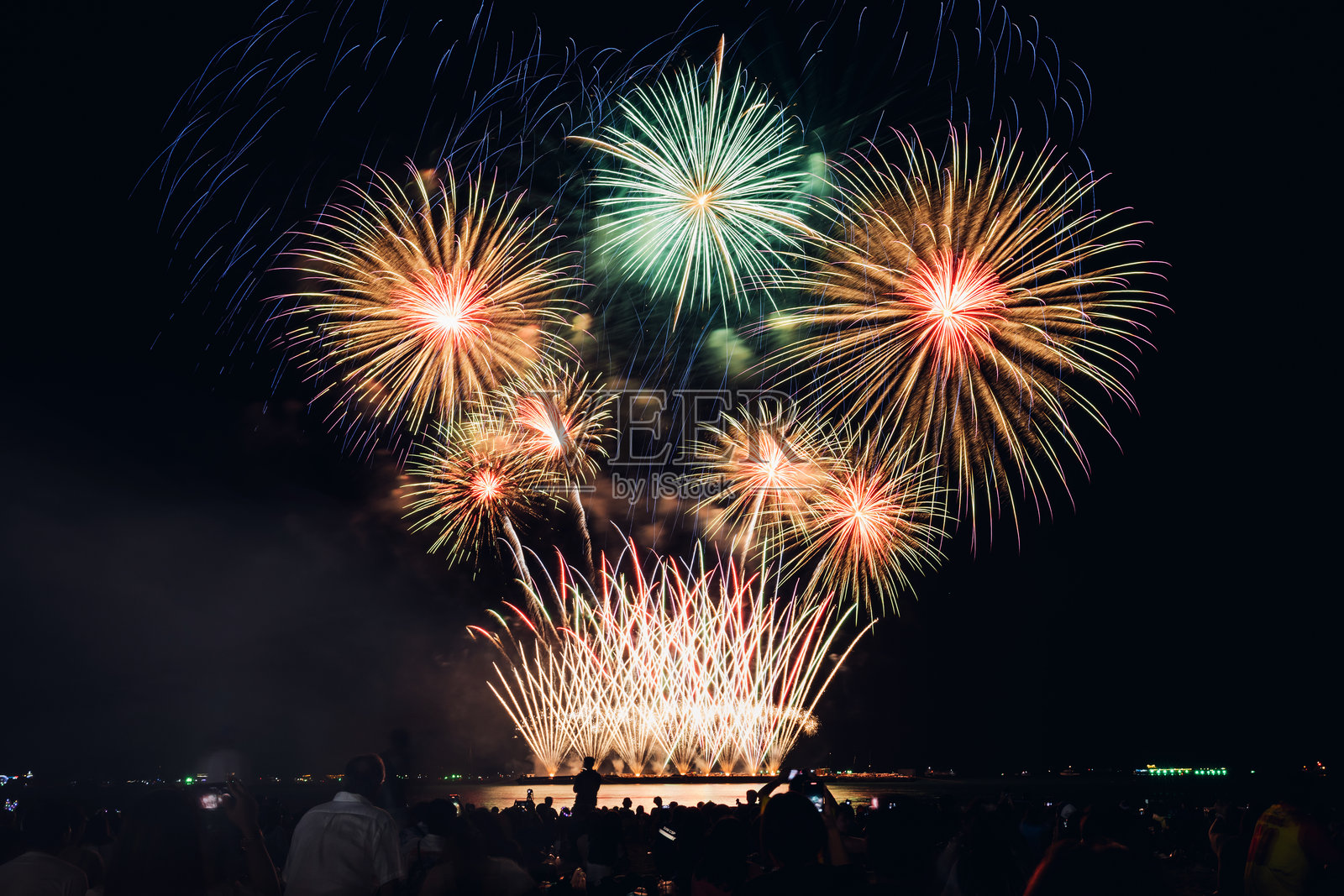 黑暗天空背景下的烟花。这是一个在海滩上庆祝的人们的烟花表演。照片摄影图片