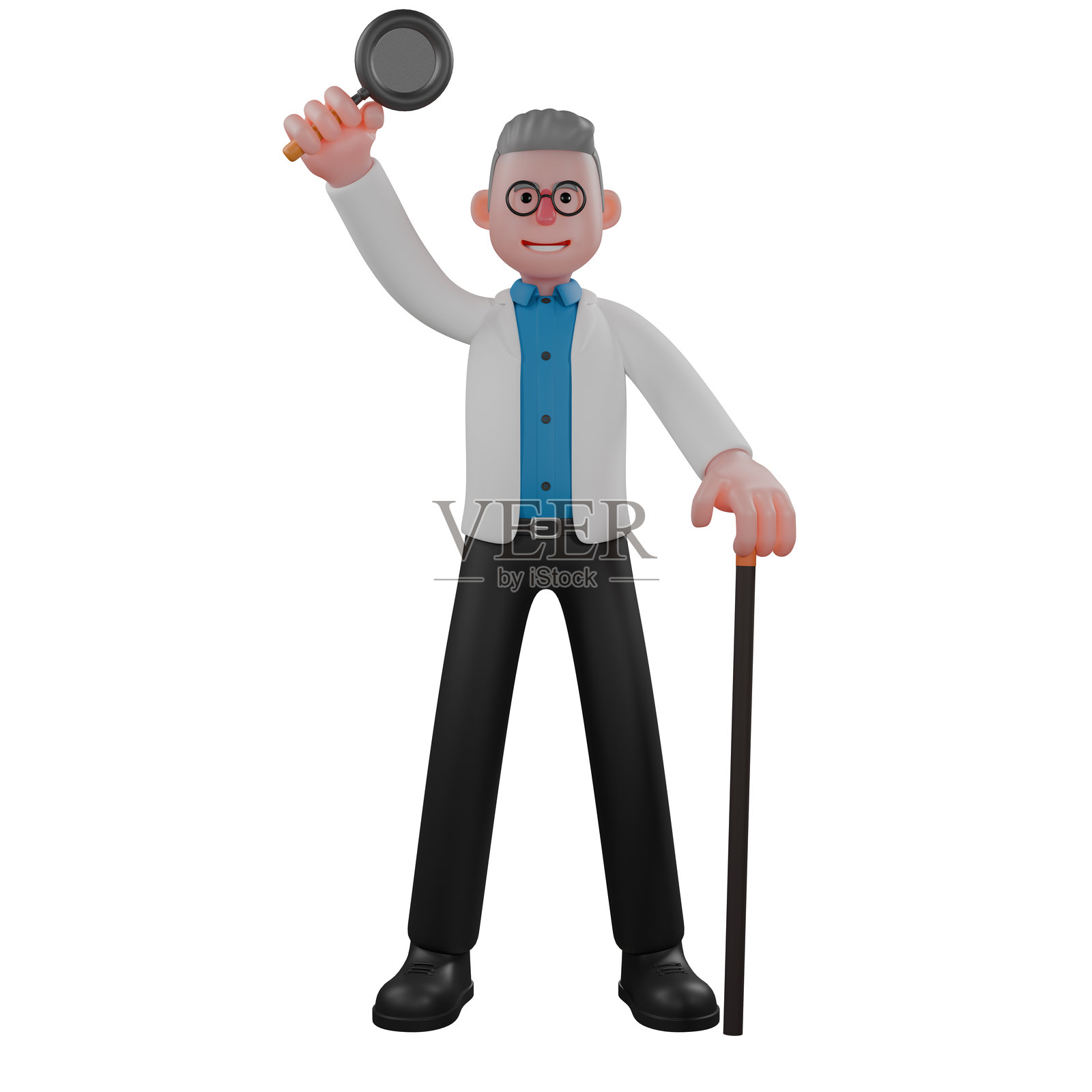 男性物理学家专业角色。一个男性物理学家用左手举着放大镜,右手握着一根棍子。3D插图照片摄影图片