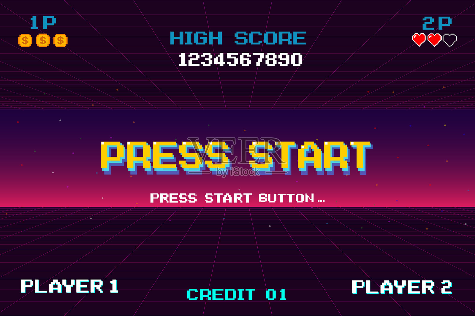 按下开始按钮:复古科幻霓虹灯网格背景插画图片素材