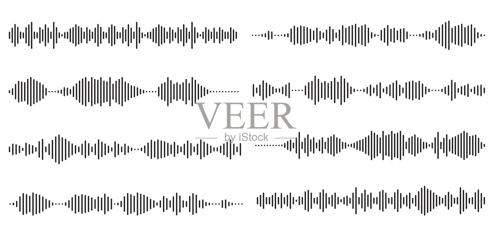 声音消息均衡器集。带有虚线的声音线条,孤立在白色背景上。漩涡、声纳波、声波、光芒、信号标志。矢量图形插图。插画图片素材