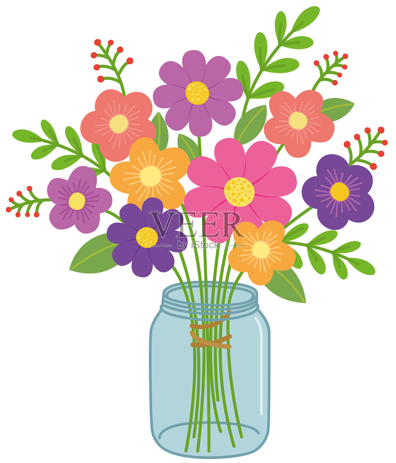 五彩缤纷的花束放在玻璃罐中。插画图片素材