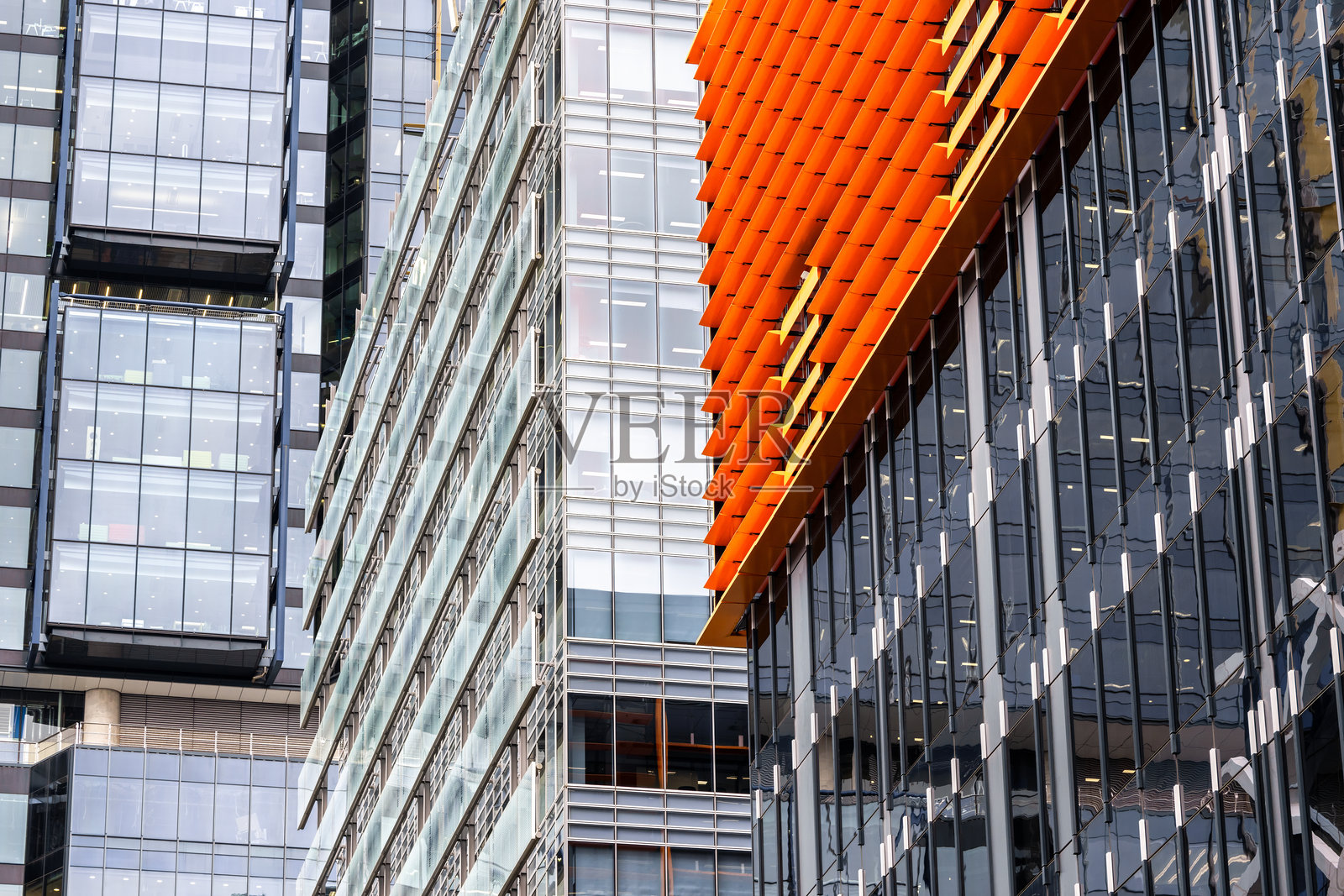 悉尼,澳大利亚,多个现代玻璃建筑的细节,彼此紧密相邻。照片摄影图片