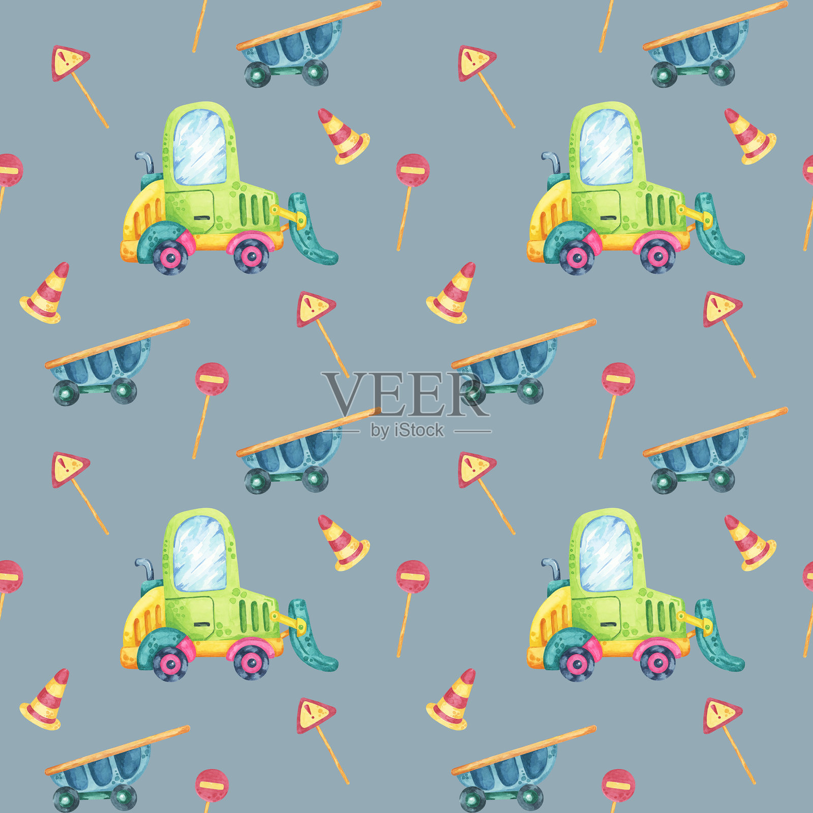 绿色车辆、蓝色手推车、条纹路锥和红色交通标志在灰色背景上。无缝图案,水彩剪贴画。插画图片素材