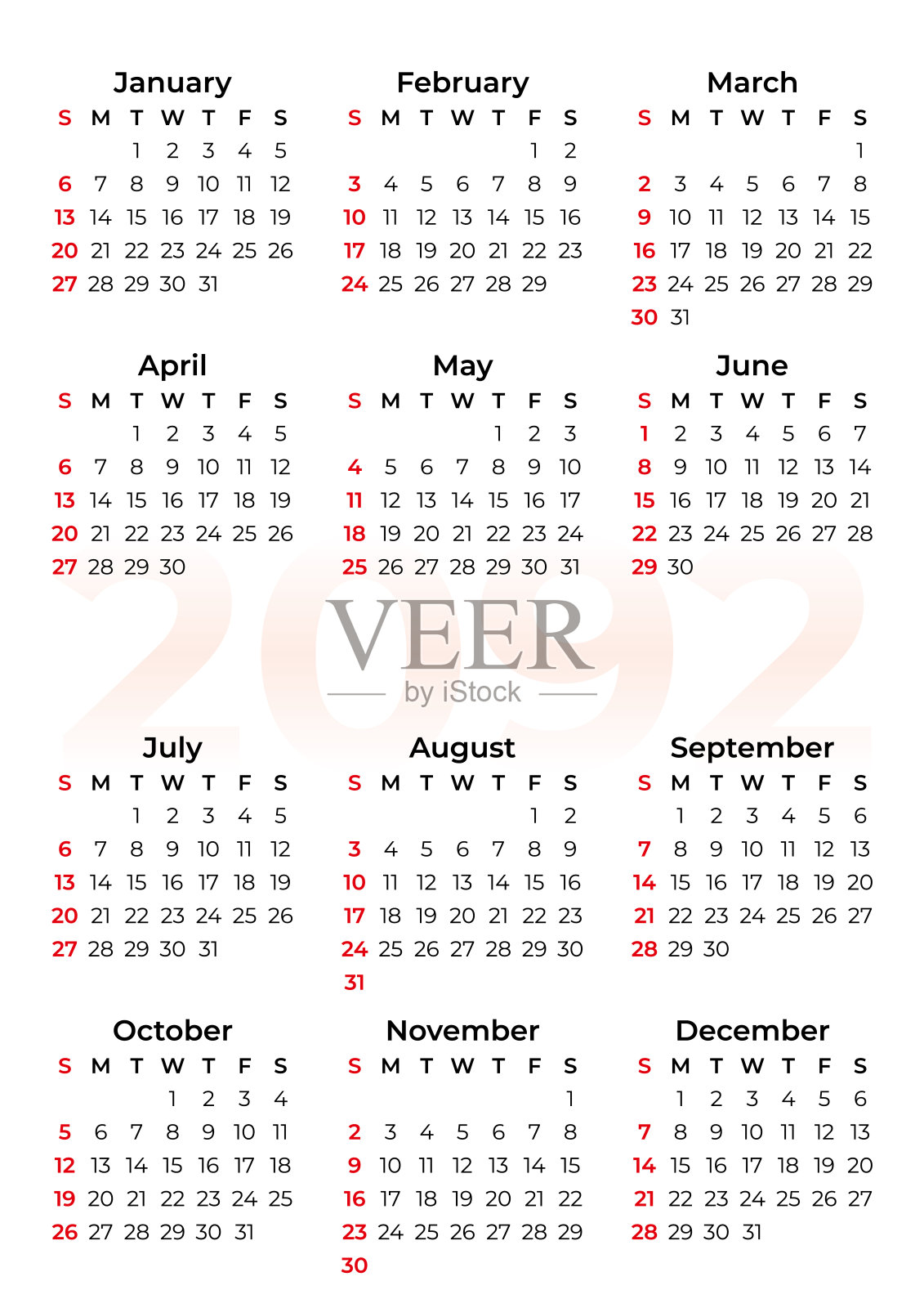 2092年的日历 - 从星期天开始插画图片素材