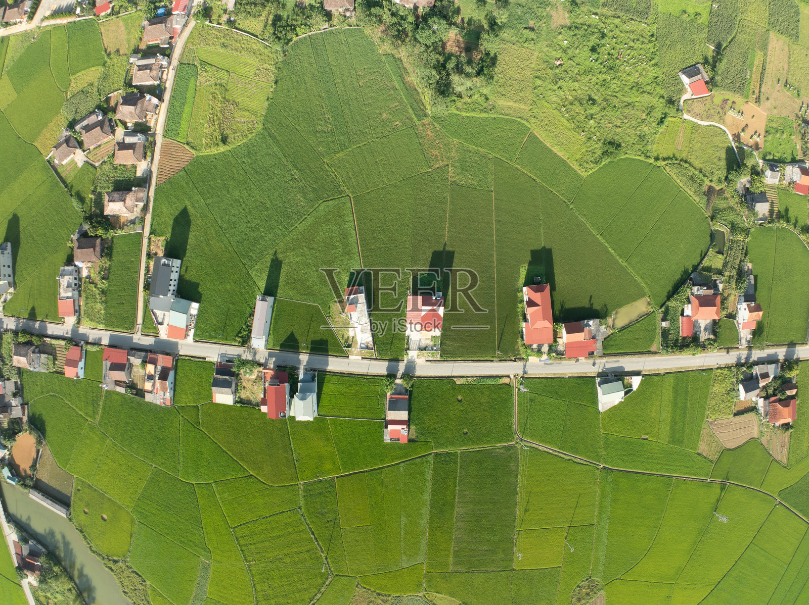 壮丽的自然风光,越南北部龙山省巴克松谷的稻田和山脉,从高处俯瞰,鸟瞰视角。照片摄影图片