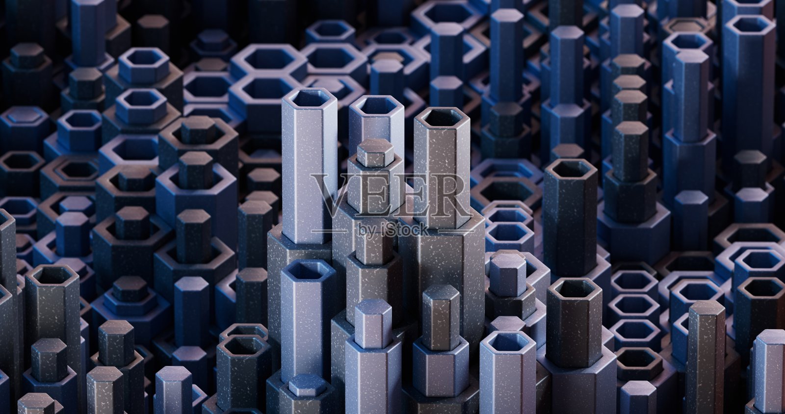 详细布局的六角形和多边形柱子,排列在不同的高度上照片摄影图片