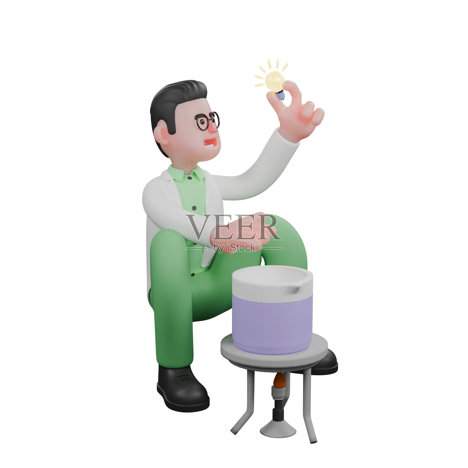 专业男性生物学家。一位男性生物学家坐着,一只手握着一个灯泡,另一只手感受着实验室中正在煮沸的化学溶液的温度。3D环境插图照片摄影图片