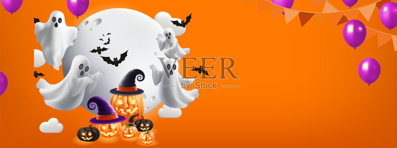 万圣节产品展示的演示横幅背景。幽灵与南瓜灯的迷你节日概念。插画图片素材