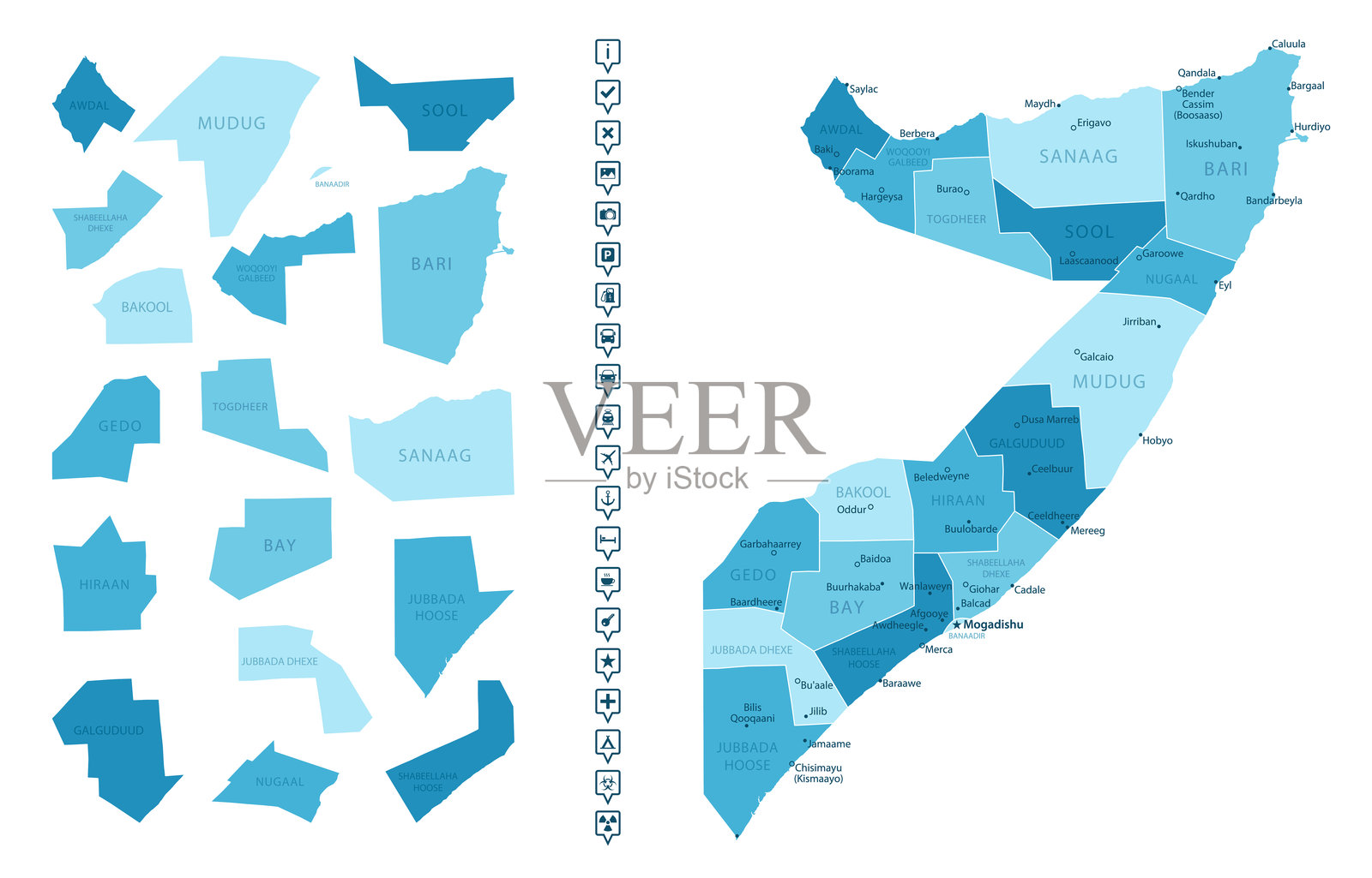 索马里 - 详细的国家地图,采用蓝色,划分为各个地区。信息图标。插画图片素材