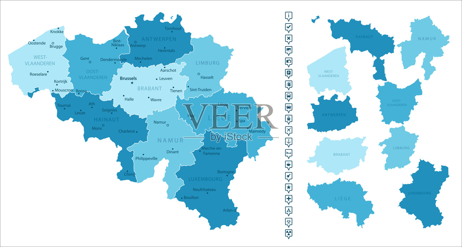 比利时 - 详细的蓝色区域地图,划分为不同地区。信息图标。插画图片素材