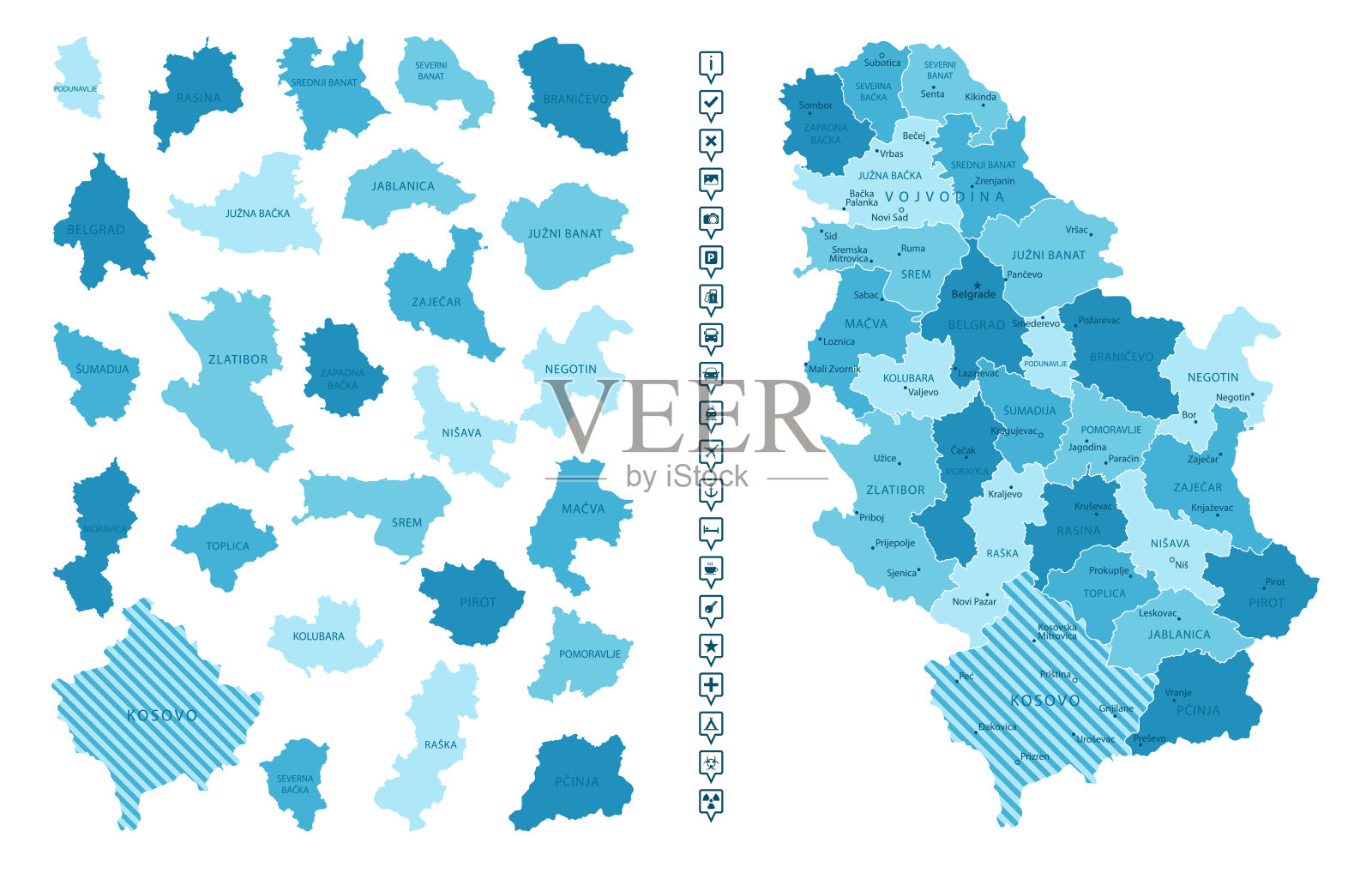 塞尔维亚 - 详细的蓝色区域地图,划分为不同地区。信息图标。插画图片素材