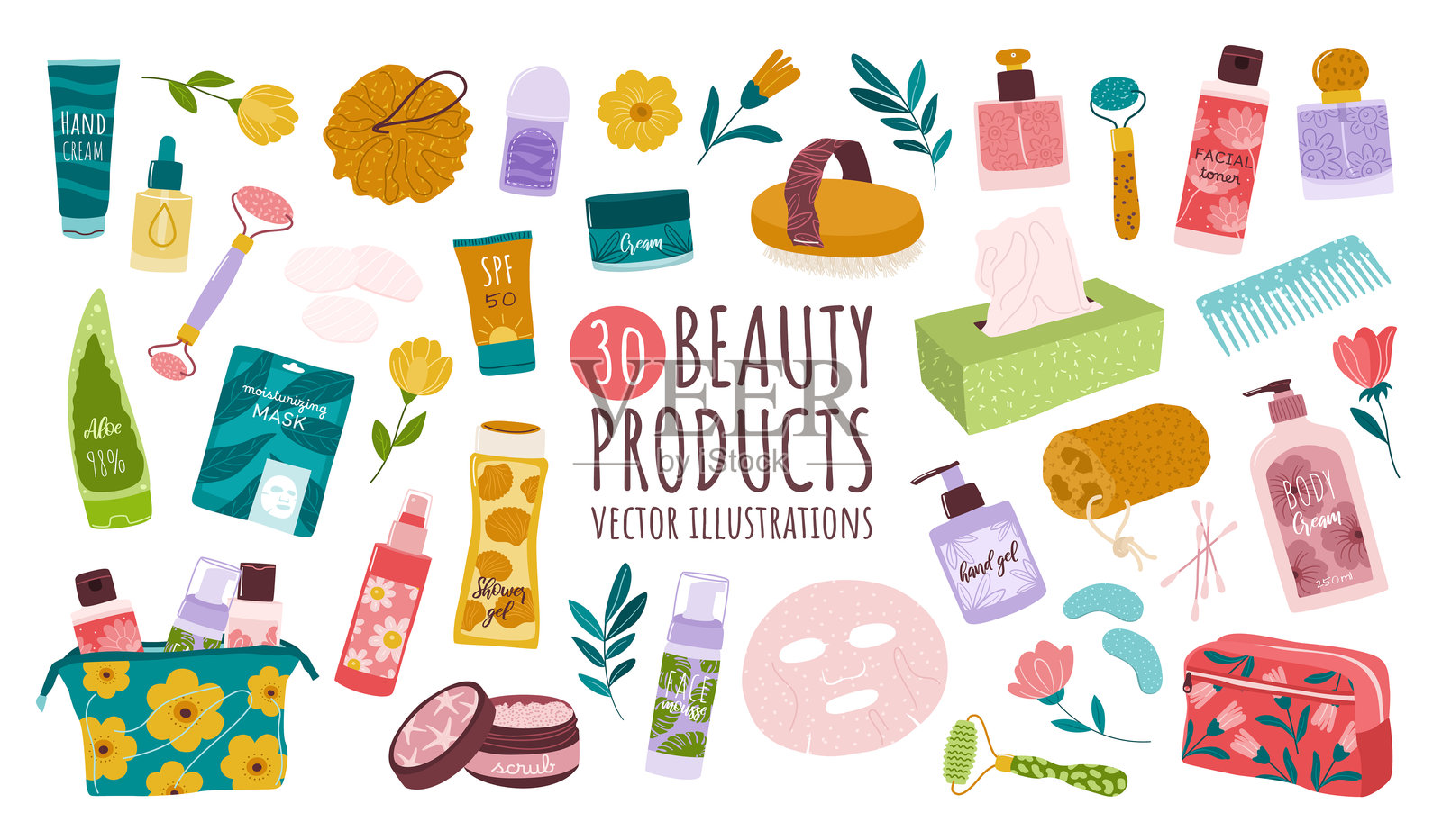 30款环保美容产品。身体和面部护理。插画图片素材