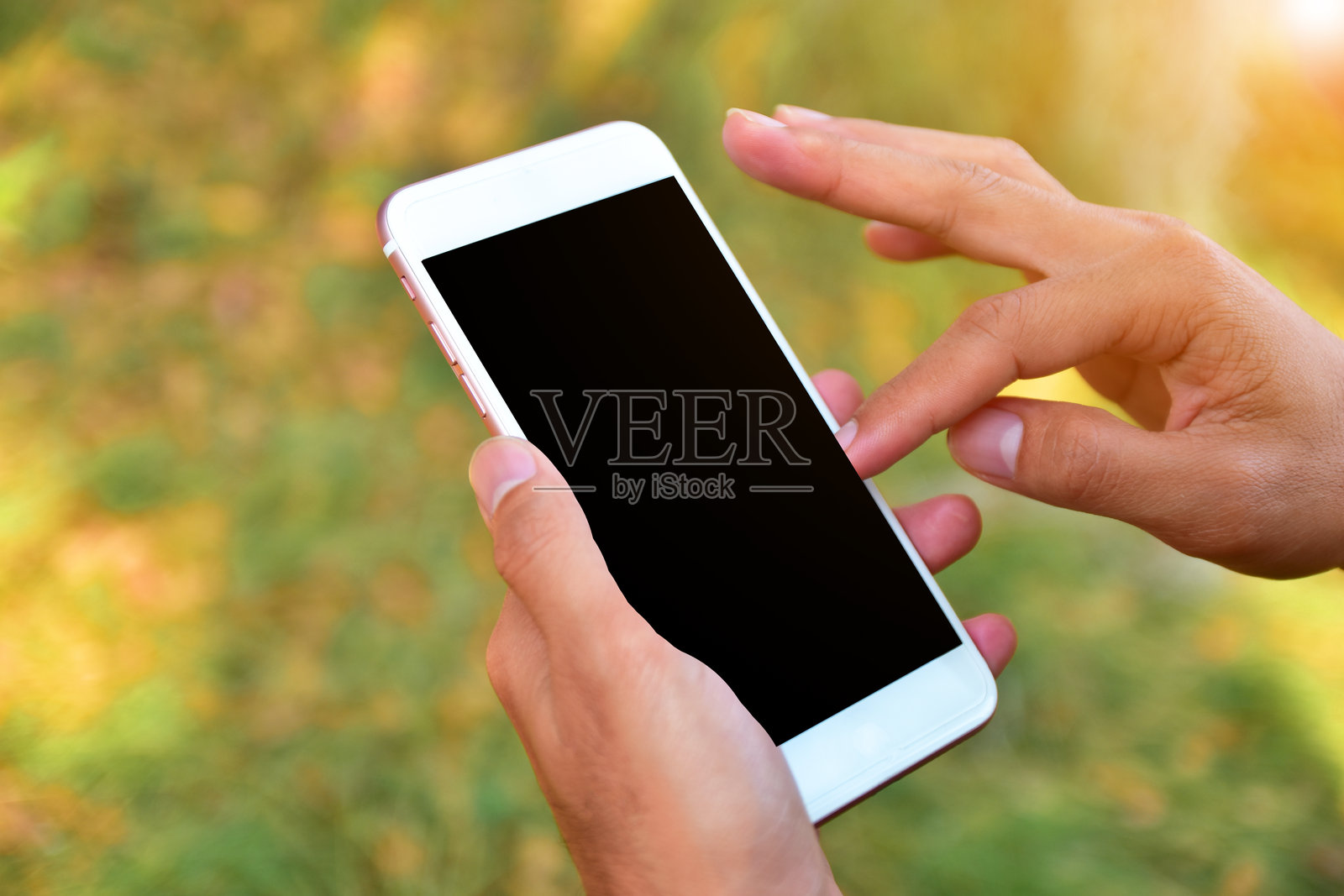 公园里一名男子用手机的手部特写照片摄影图片