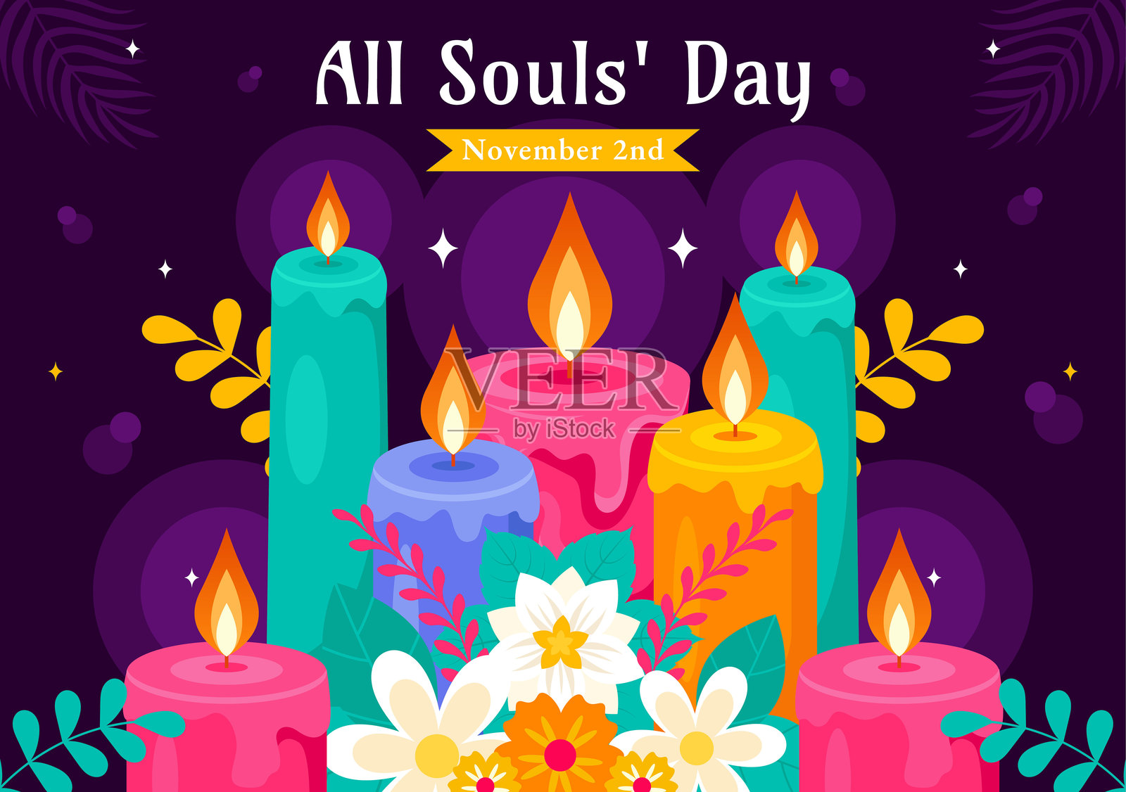 追思逝者纪念日矢量插画,纪念基督教信徒逝去的灵魂,背景为蜡烛插画图片素材