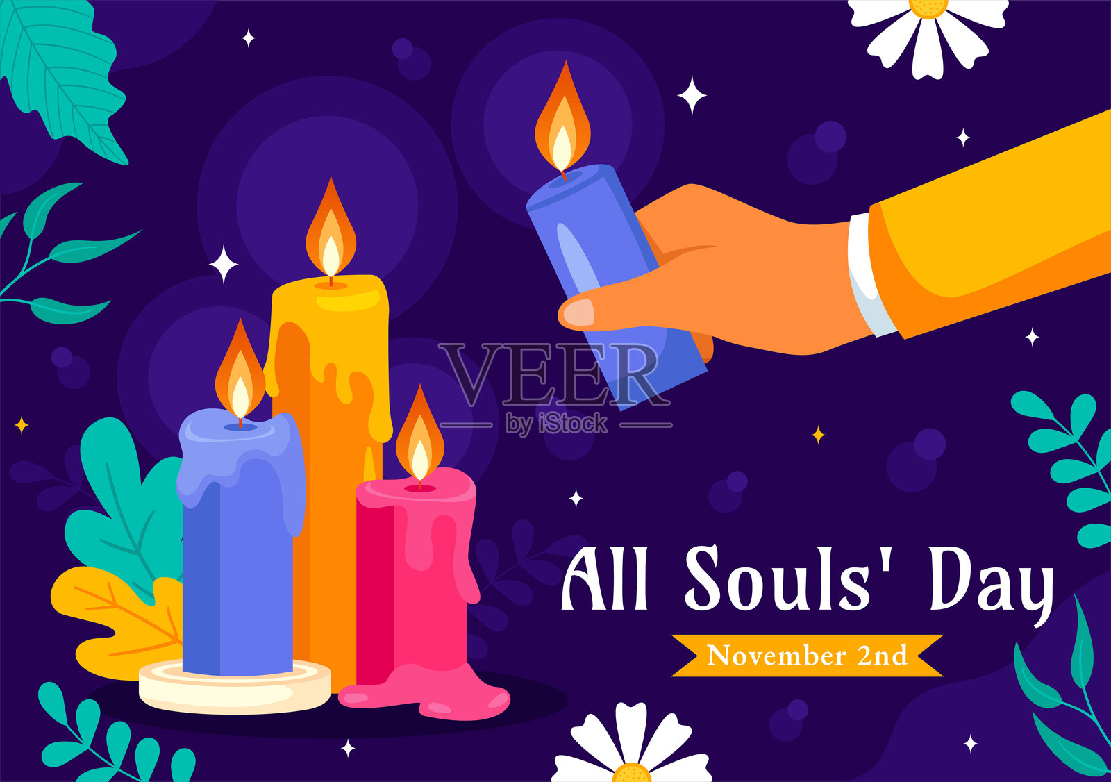 追思逝者纪念日矢量插画,纪念基督教信徒逝去的灵魂,背景为蜡烛插画图片素材