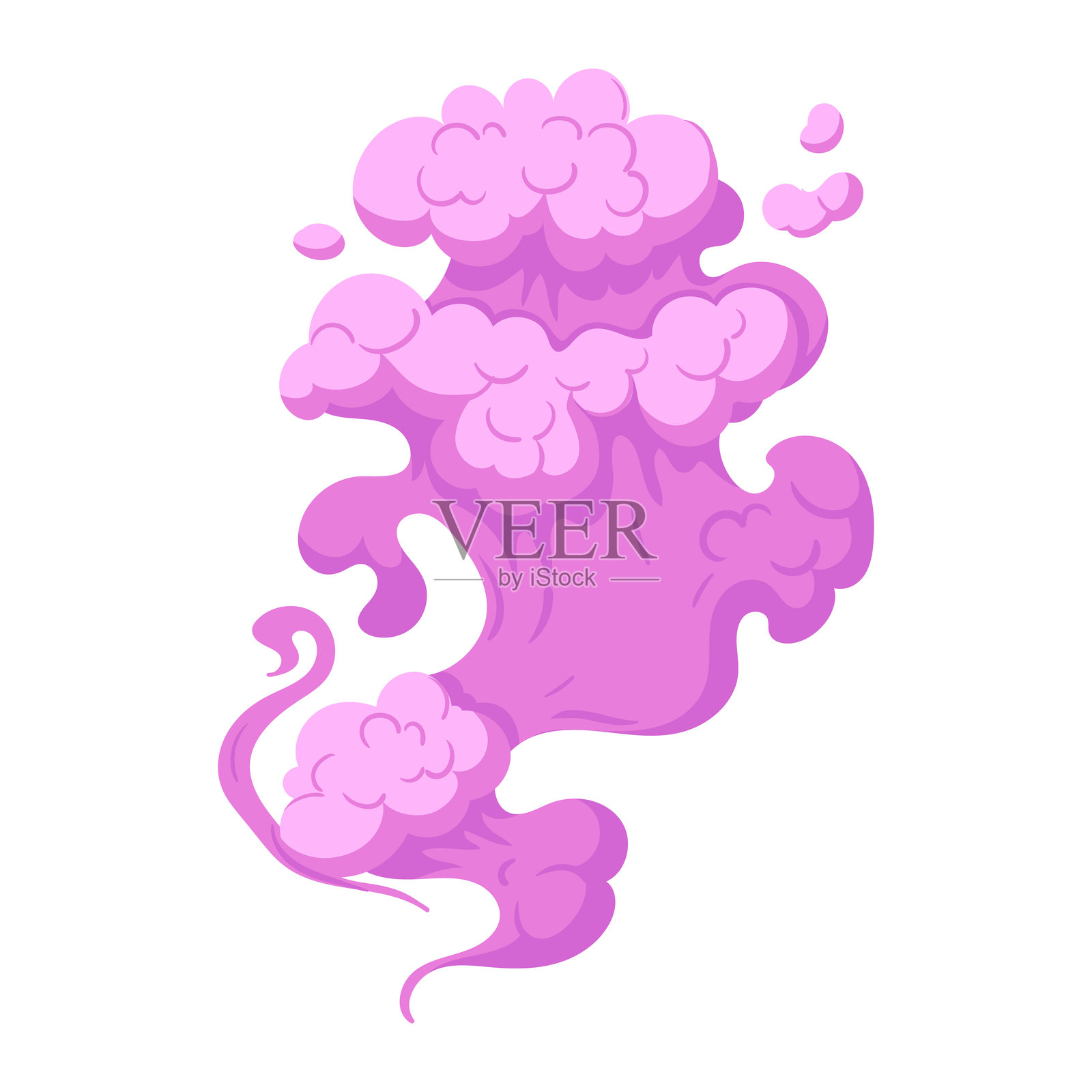 烟雾云。卡通漫画风格的粉色烟尘云朵轮廓扁平矢量插图。白色背景上的蒸汽尘埃元素。插画图片素材