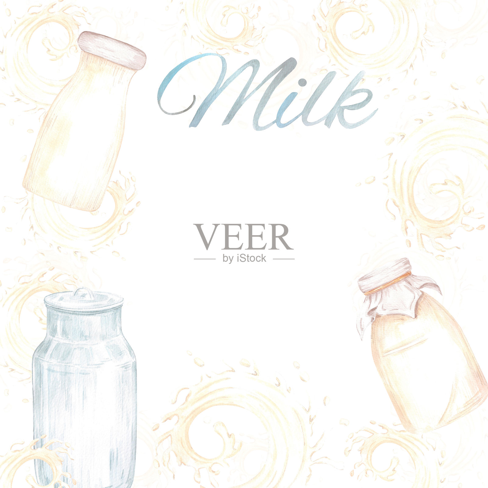 手绘水彩牛奶瓶和罐,带有飞溅的边框,背景为白色。可用于明信片、卡片、剪贴簿及其他印刷产品。插画图片素材
