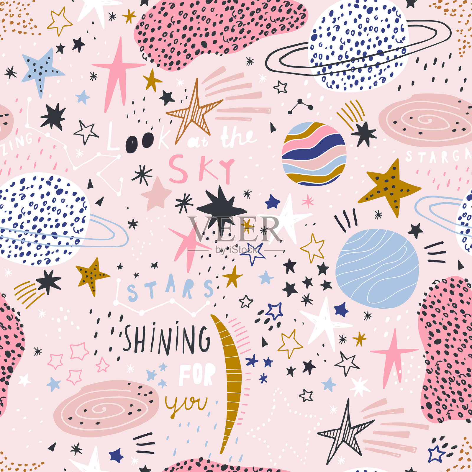 无缝的太空图案,包含手绘的太空元素。宇宙蓝色的儿童宇宙纹理,点缀着星星。矢量插图插画图片素材