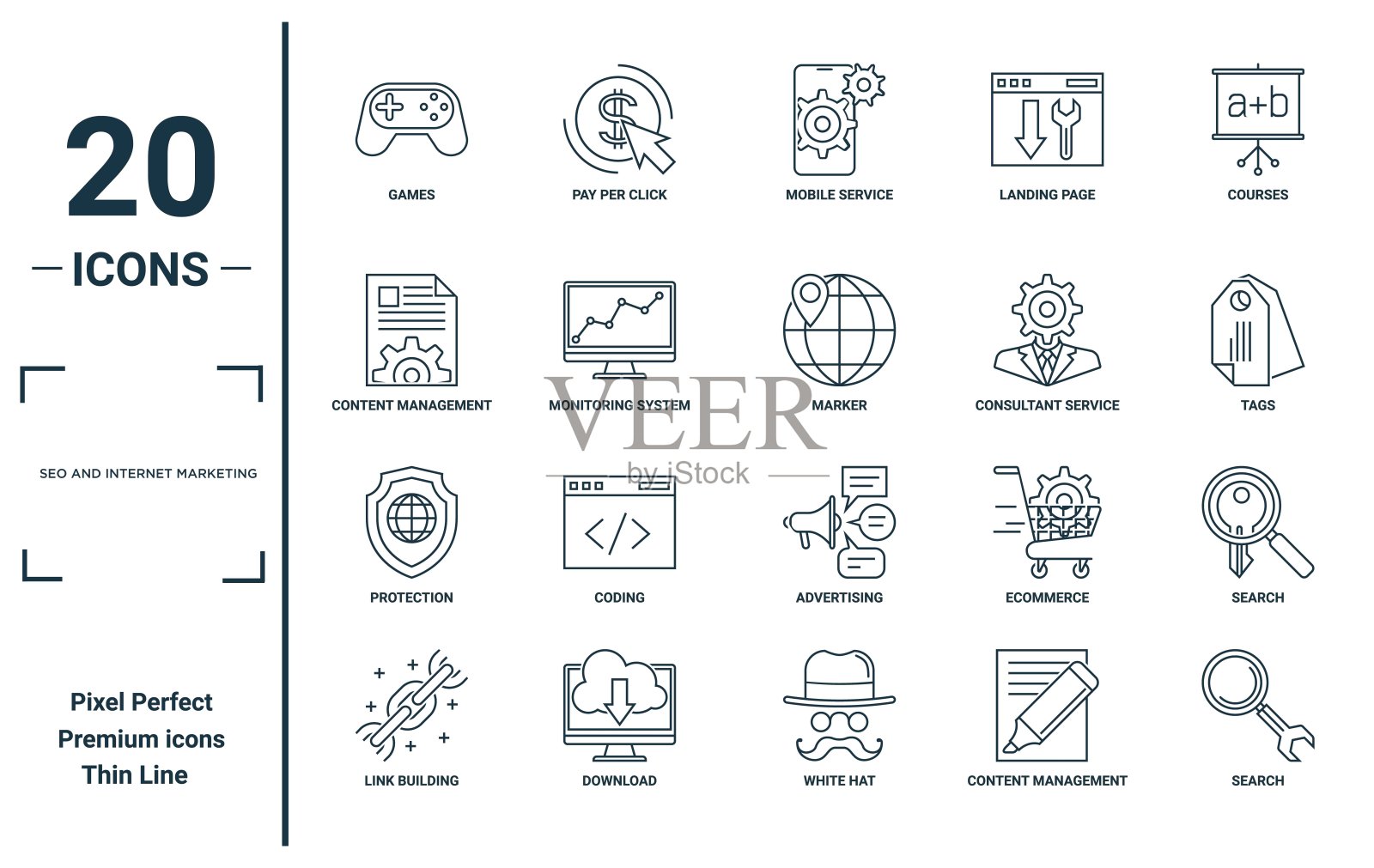 SEO和互联网营销线性图标集。包括细线游戏、内容管理系统、保护、链接建设、搜索、报告用搜索图标、演示、图表、网页设计。插画图片素材