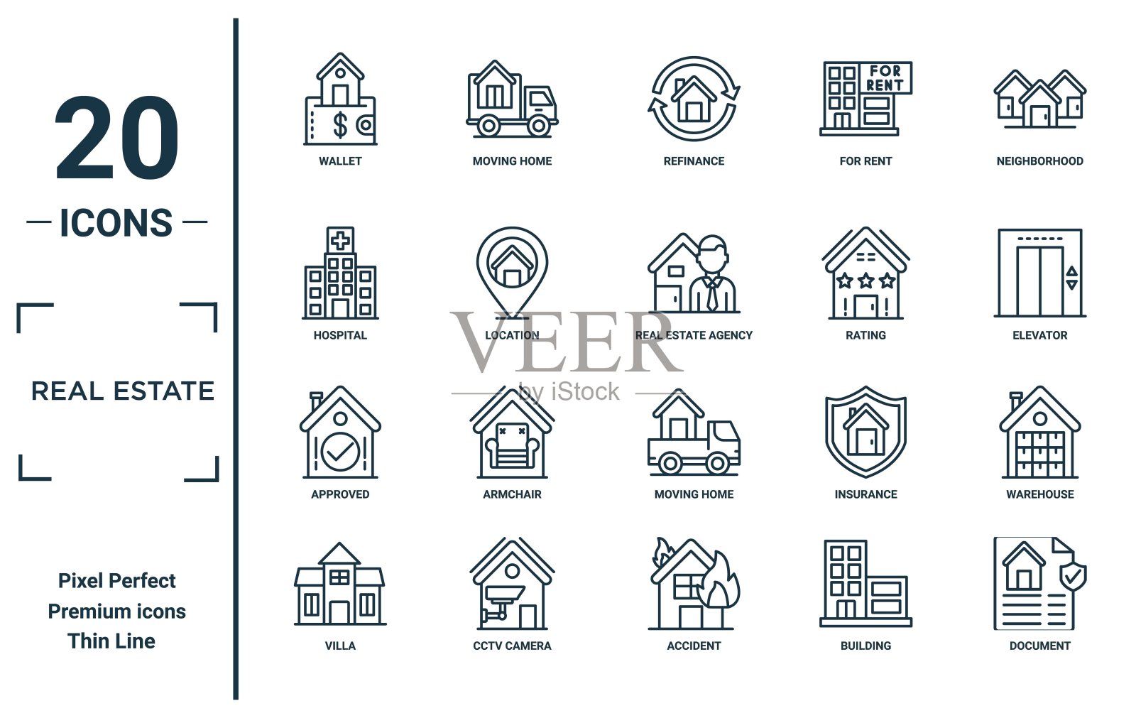 房地产线性图标集。包括薄线钱包、医院、批准、别墅、文件、房地产代理、仓库图标,用于报告、演示、图表和网页设计。插画图片素材