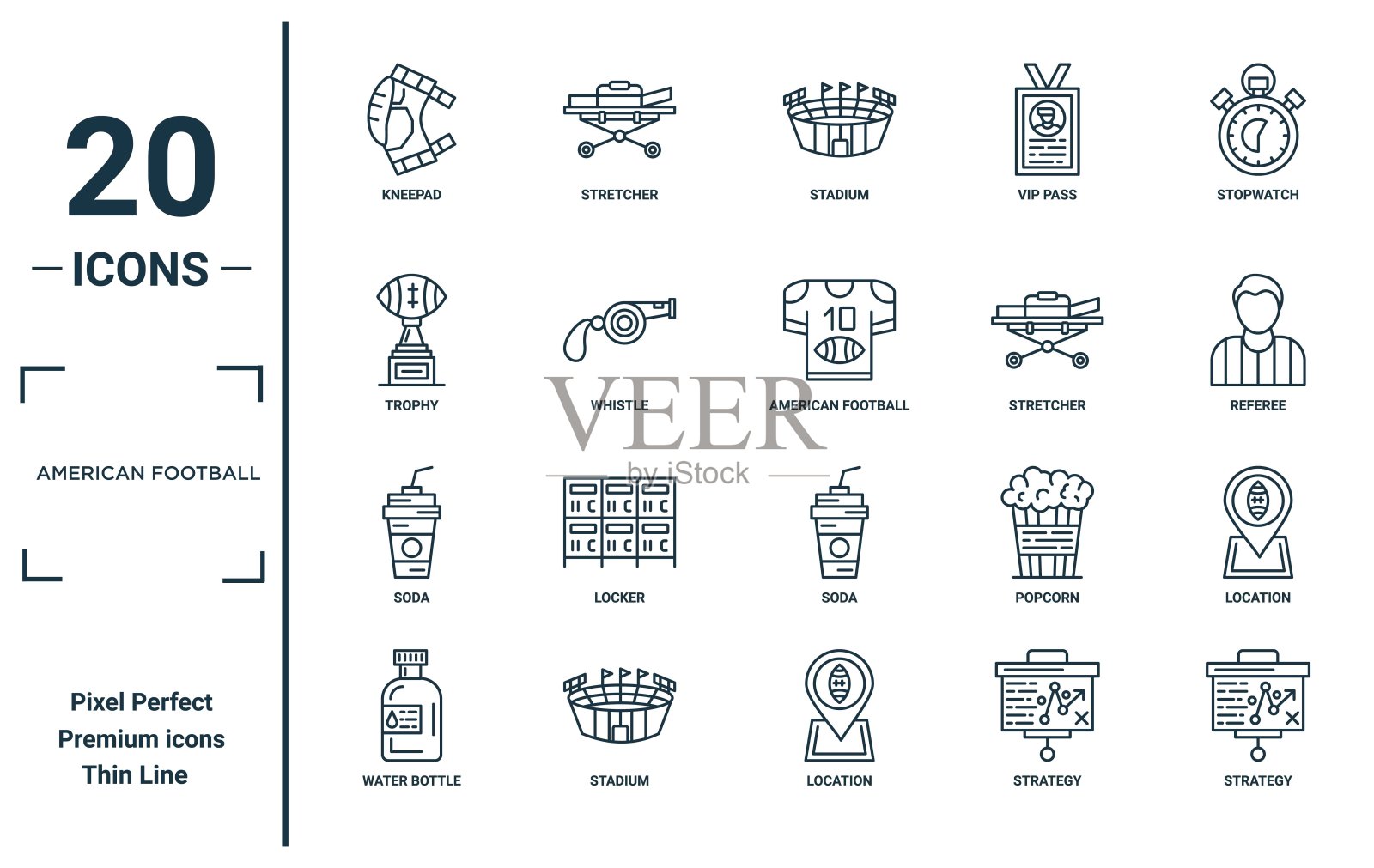 美式橄榄球线性图标集:包括护膝、奖杯、苏打水、水瓶、战术、橄榄球、位置等图标,用于报告、演示、图表、网页设计插画图片素材
