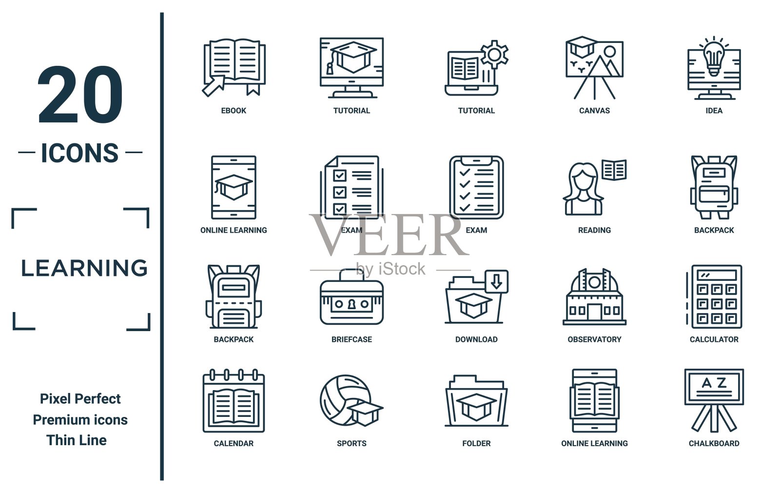 学习线性图标集。包括薄线电子书、在线学习、背包、日历、黑板、考试、计算器图标,用于报告、演示、图表、网页设计。插画图片素材