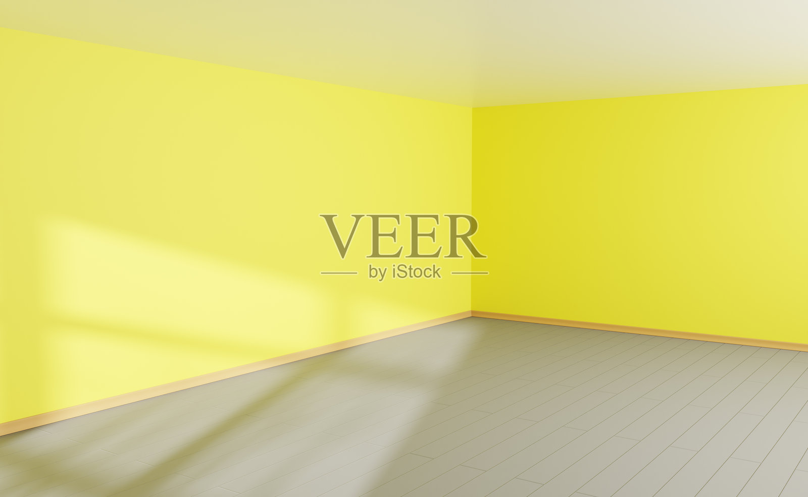 3D空房间角落,带有光线和窗帘纹理。逼真的房屋室内透视图,黄色墙壁、地板和天花板。夏日阳光场景,办公室或工作室模型。照片摄影图片