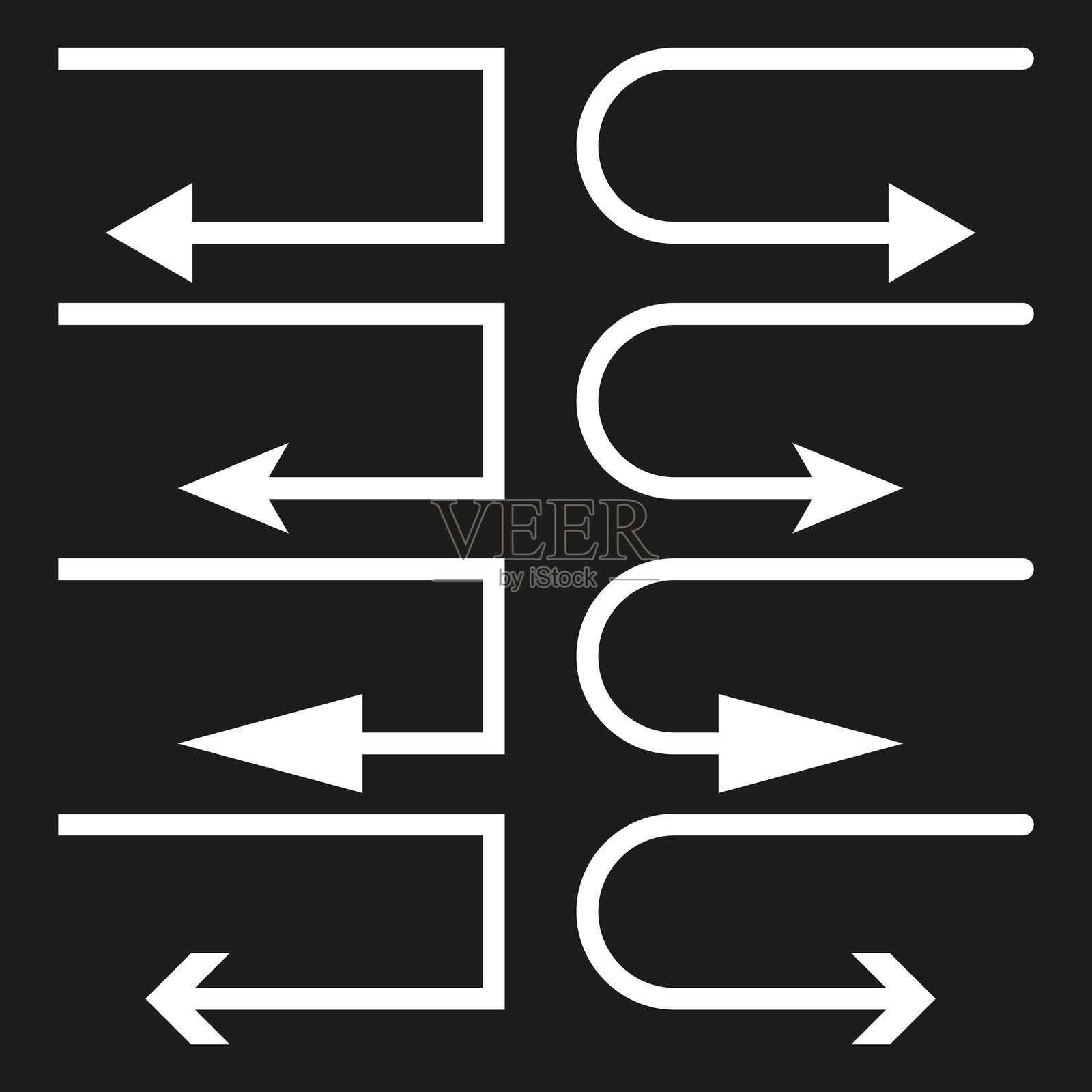 箭头方向图标。白色的弯曲和直线箭头。黑色粗体背景。几何矢量插图。插画图片素材