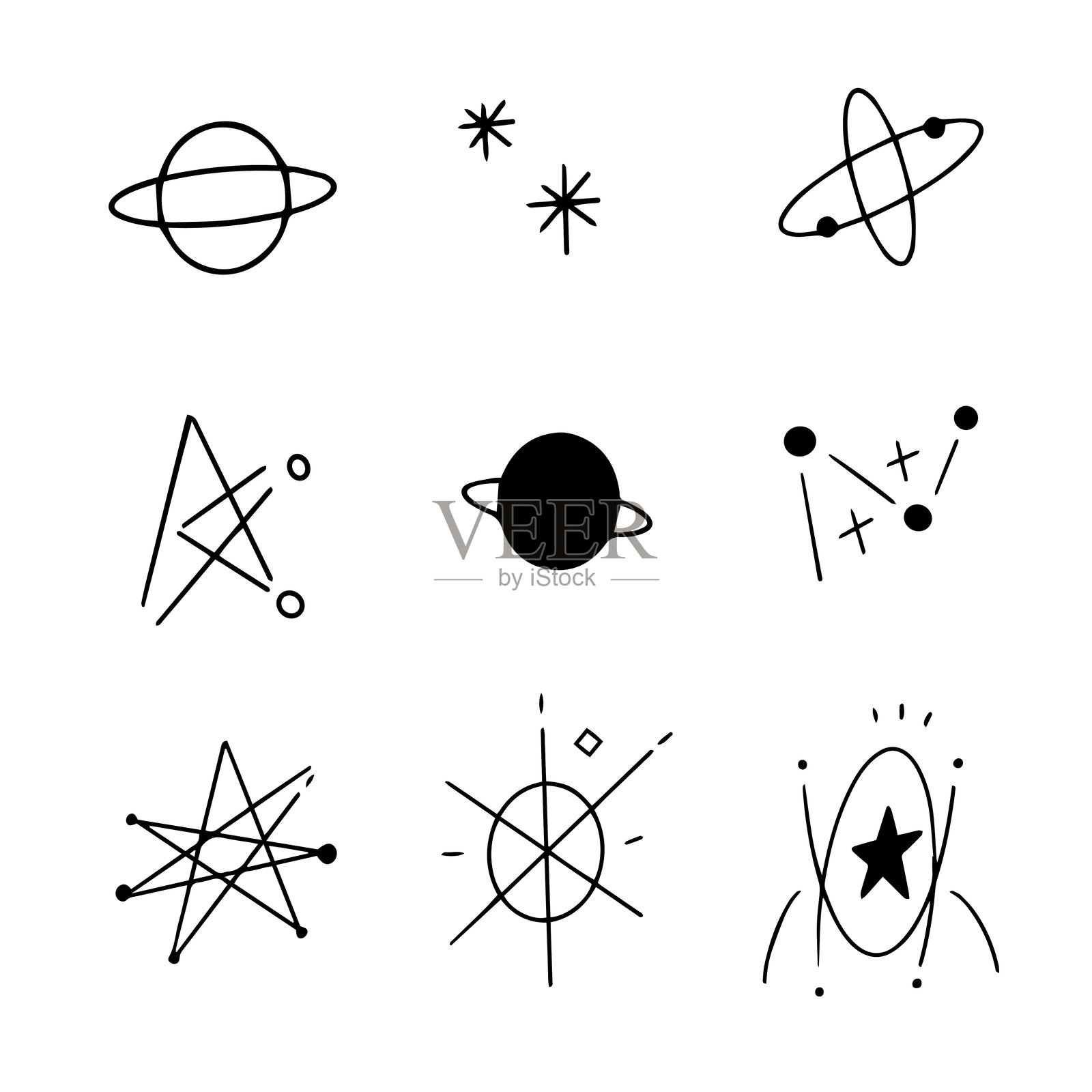 手绘的抽象星光、星星、行星宇宙元素和插图插画图片素材