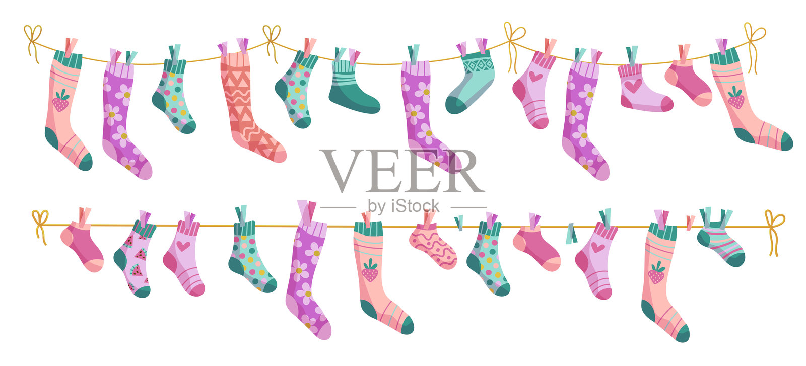 衣架上的袜子插图集。绳子上的袜子,带图案的婴儿袜矢量卡通。插画图片素材