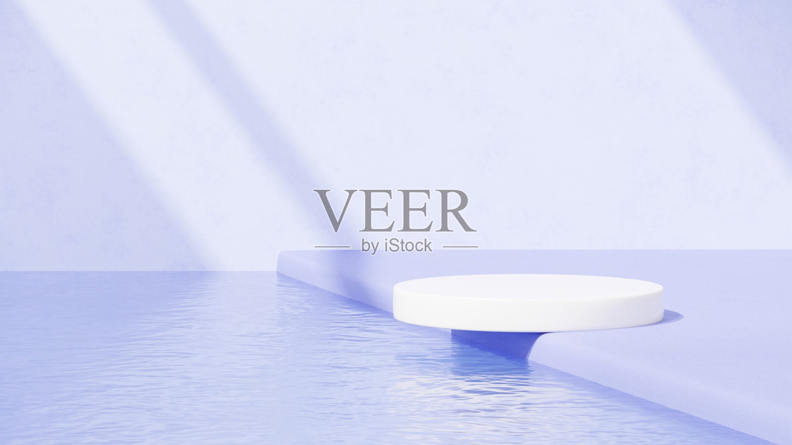 背景展示一个空的产品展示模型,紫色背景和抽象几何平台设计用于横向展示商品。照片摄影图片