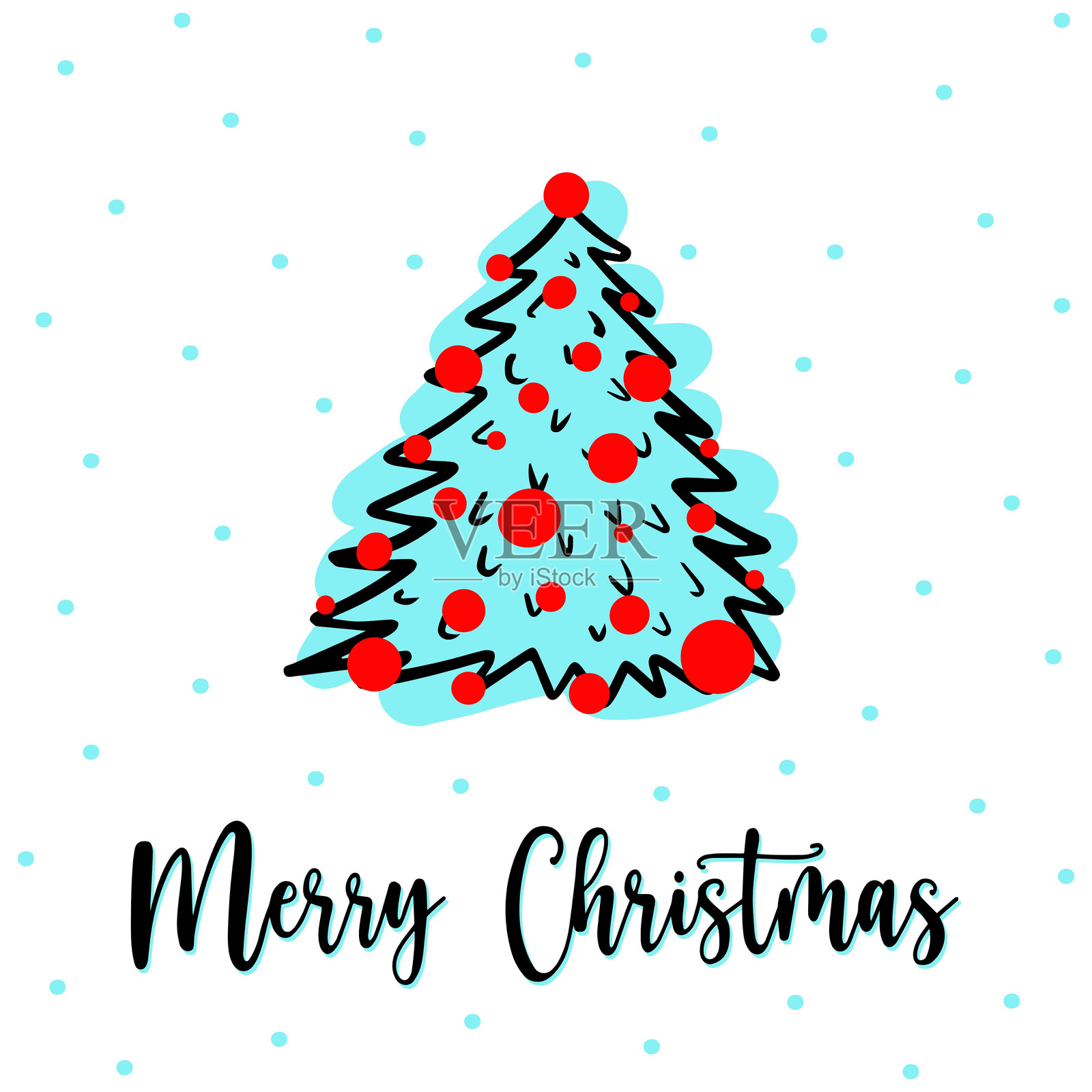 手绘圣诞树节日贺卡:圣诞快乐插画图片素材