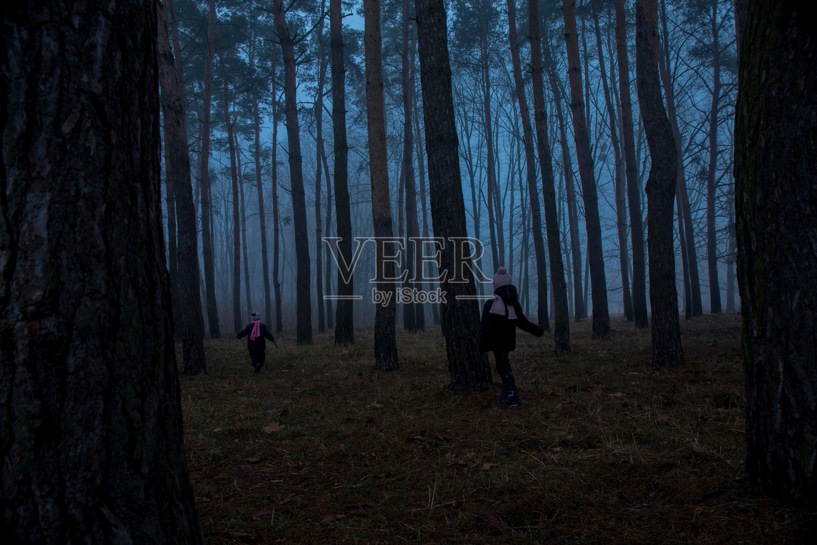 两个孩子在夜晚穿过森林照片摄影图片