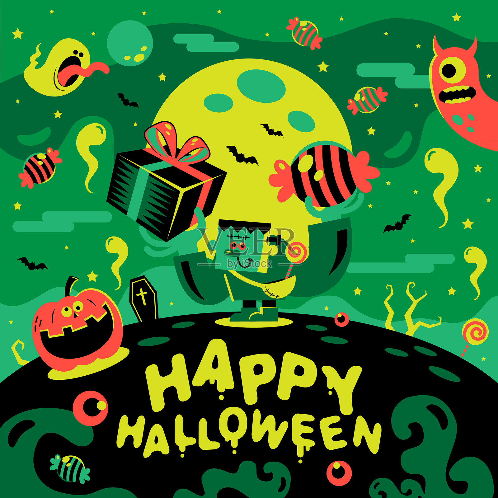 科学怪人手拿礼品盒和糖果,站在山丘上,祝万圣节快乐,满月、蝙蝠、幽灵、棺材、怪物和南瓜灯笼万圣节背景插画图片素材