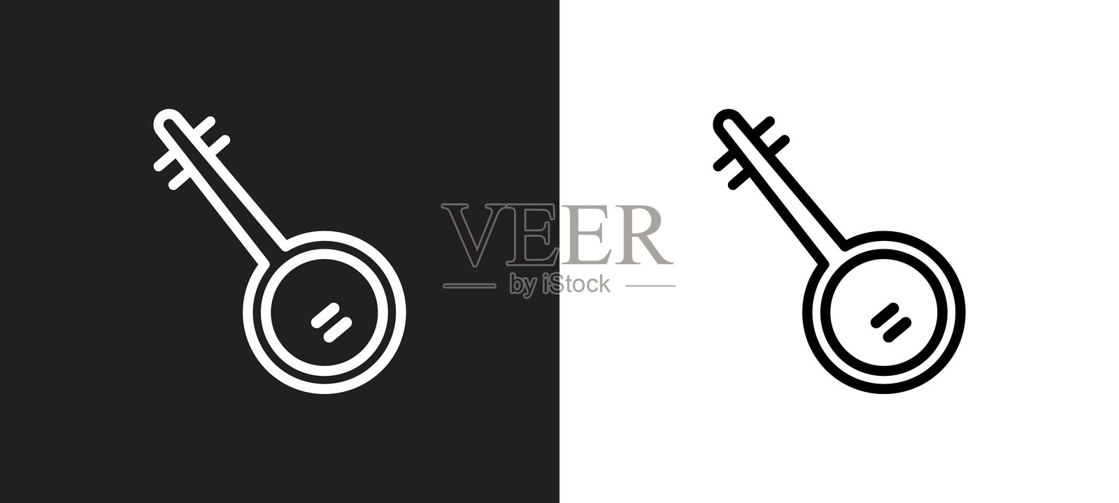 白色和黑色的班卓琴轮廓图标。来自非洲系列的班卓琴扁平矢量图标,适用于网页、移动应用和用户界面。插画图片素材