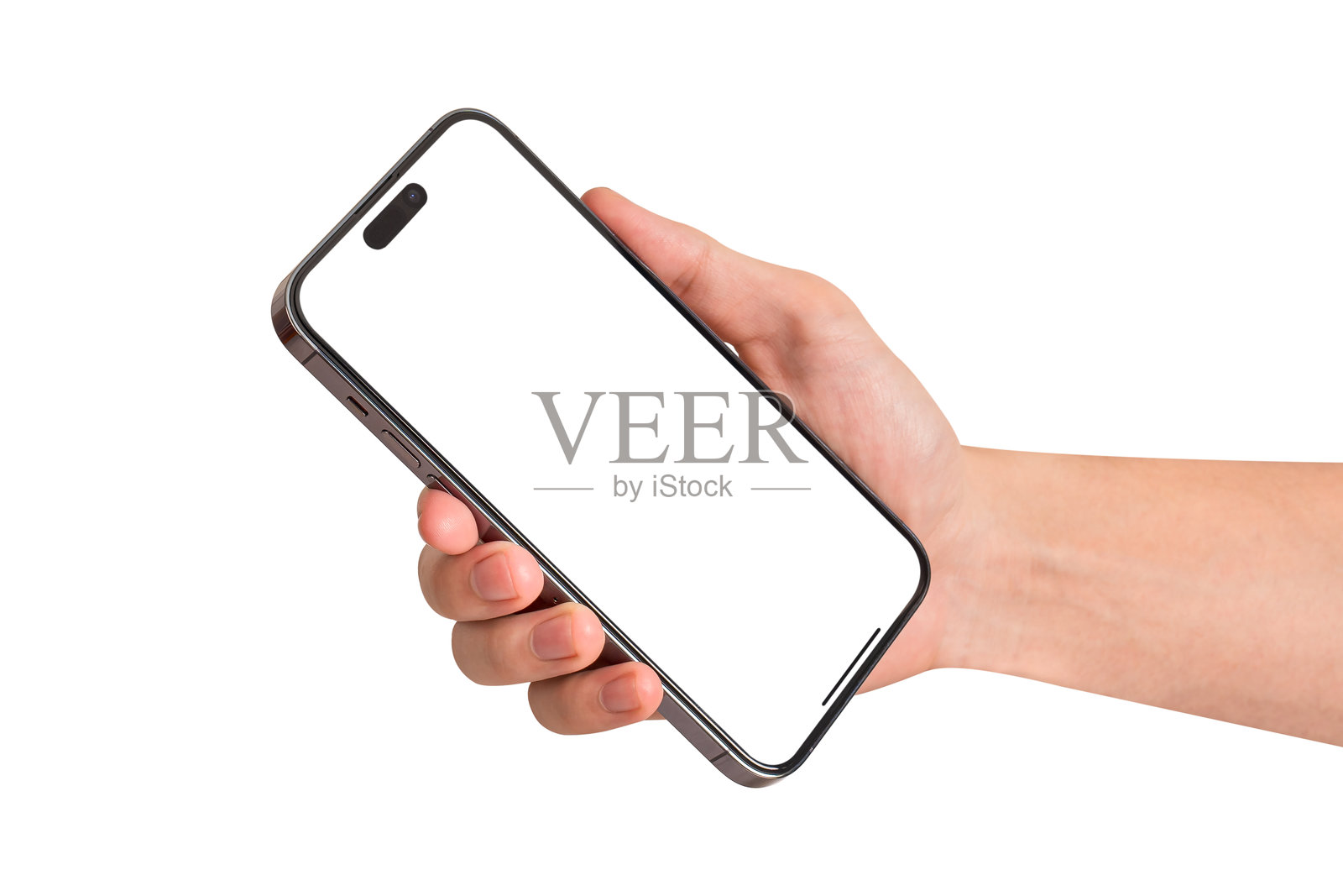 手握智能手机,背景为白色。适用于商业金融、科技概念、产品广告和市场营销概念的创意。高质量图片供您使用。照片摄影图片