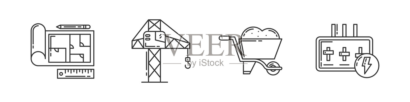 建筑与工程图标。蓝图、起重机、手推车和电力。非常适合与建筑和开发相关的网站、演示文稿和营销材料。插画图片素材