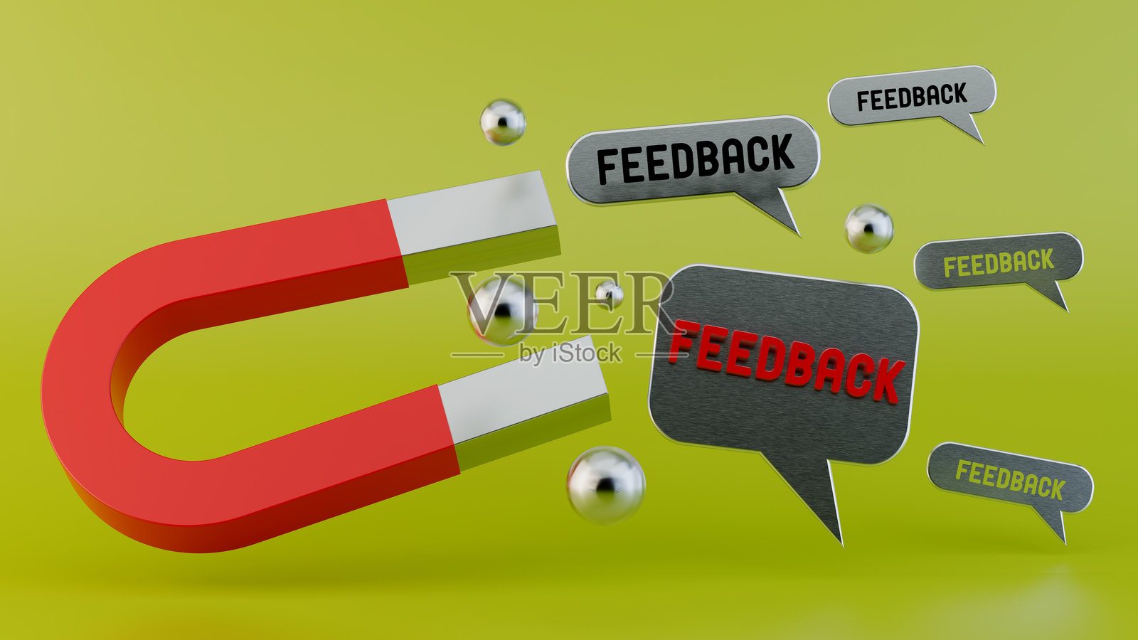 磁铁吸引漂浮的对话气泡,气泡内有“反馈”字样,金属色彩 – 3D 渲染图照片摄影图片