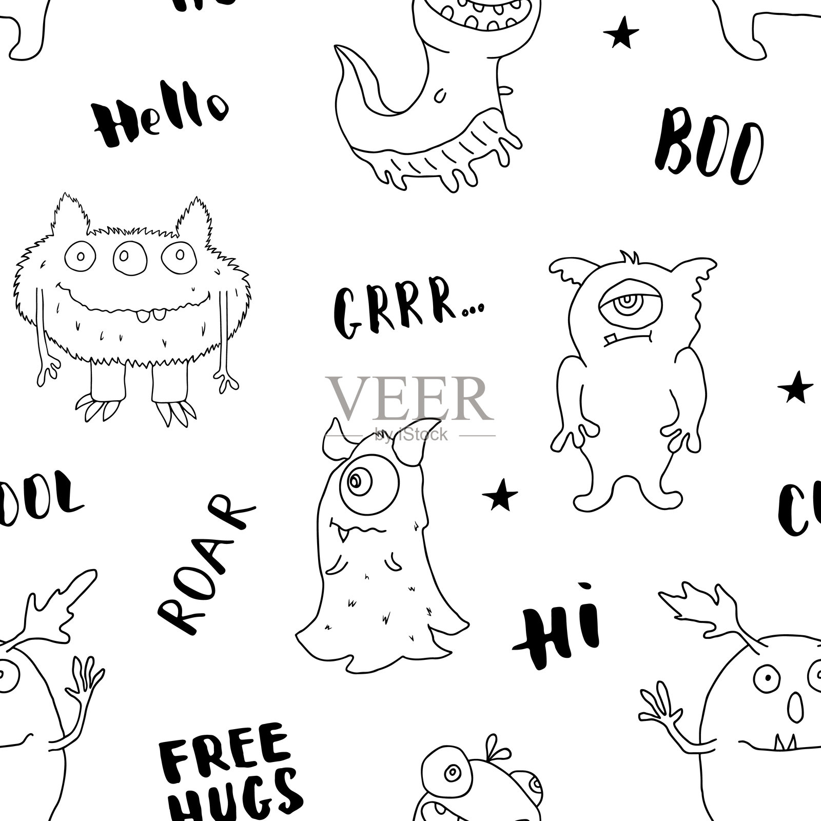 可爱的怪兽无缝图案。卡通怪兽背景。矢量插图插画图片素材