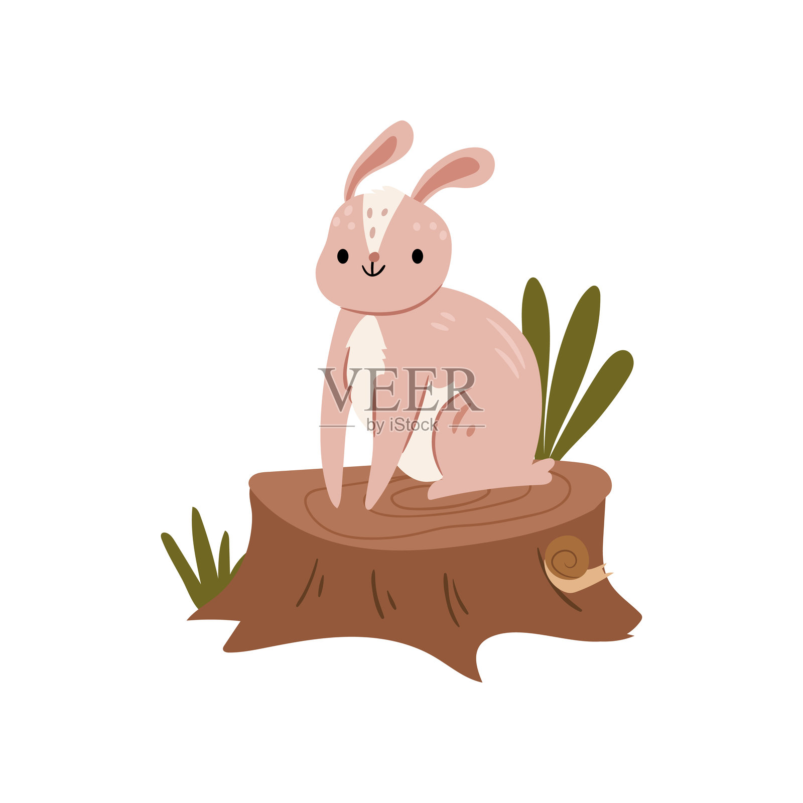 可爱的兔子森林动物坐在树干上,白色背景上的卡通角色。适合儿童的兔子或搞笑小兔子的矢量插图,野生漫画哺乳动物。插画图片素材
