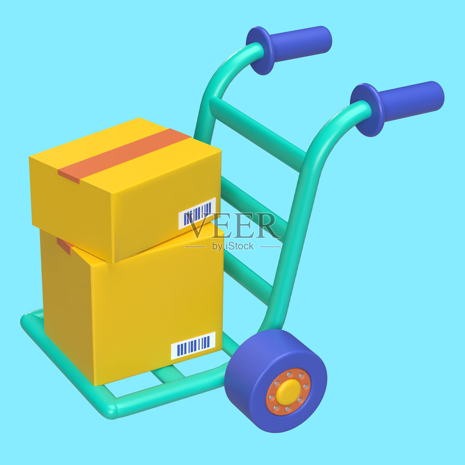 3D蓝色箱子推着两个包裹。照片摄影图片