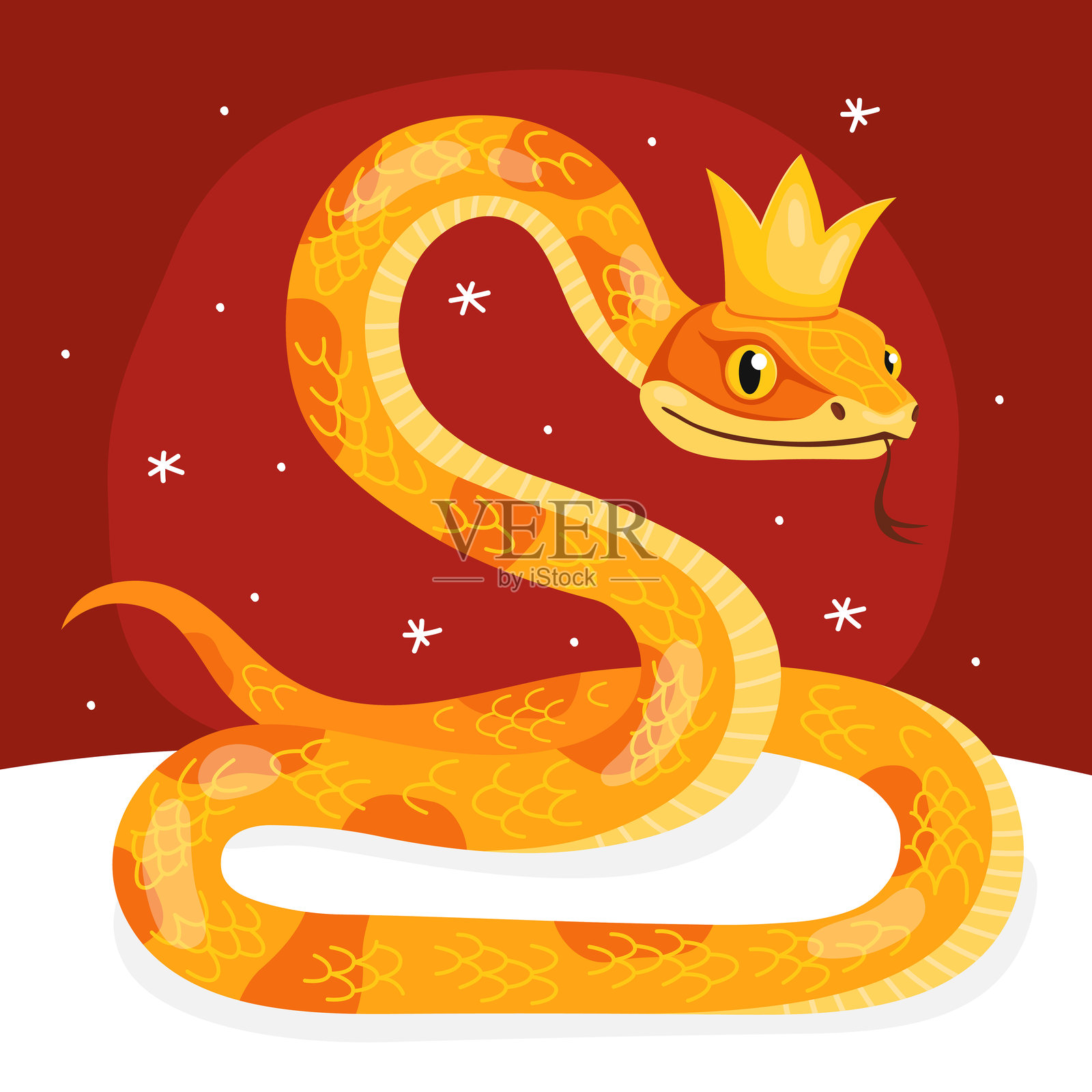 新年蛇,农历新年或中国新年。可爱的黄色蛇戴着金色王冠,背景为红色。插画图片素材