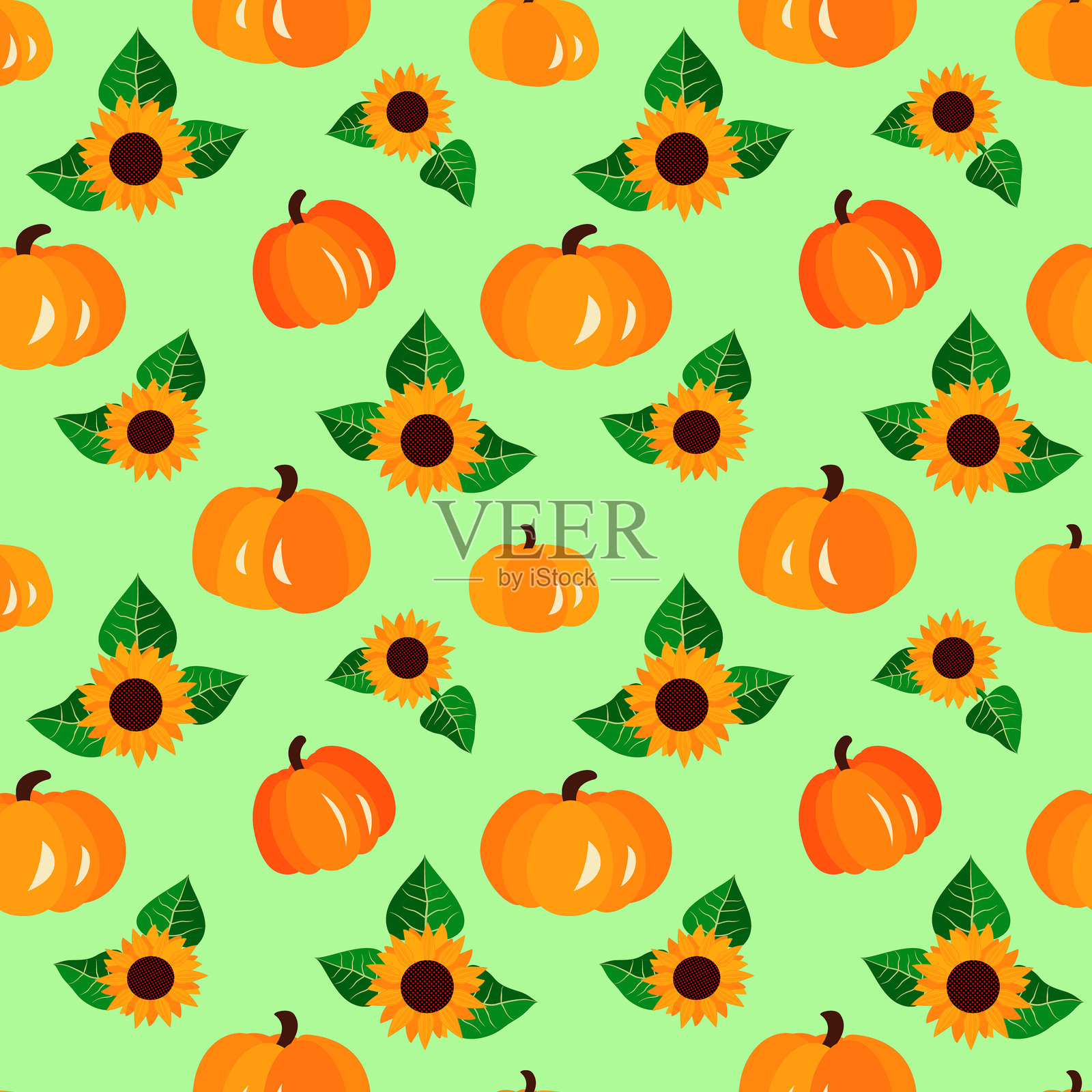 向量 - 南瓜和向日葵的无缝图案。插画图片素材