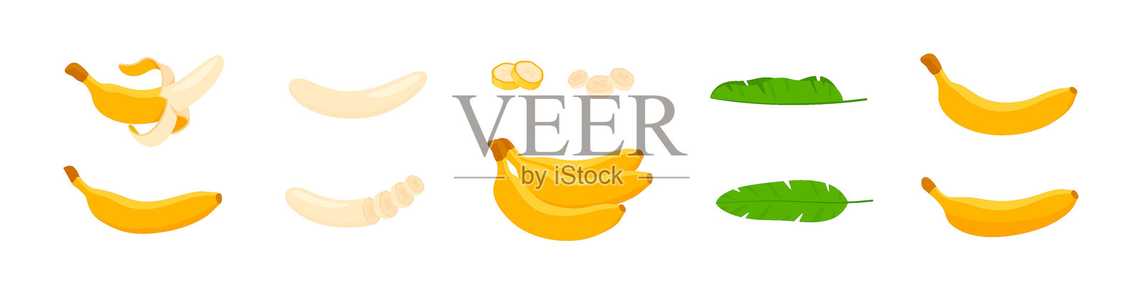 香蕉水果矢量图集。孤立的香蕉标志。多汁成熟的有机水果插图。切成两半的水果和切片。插画图片素材