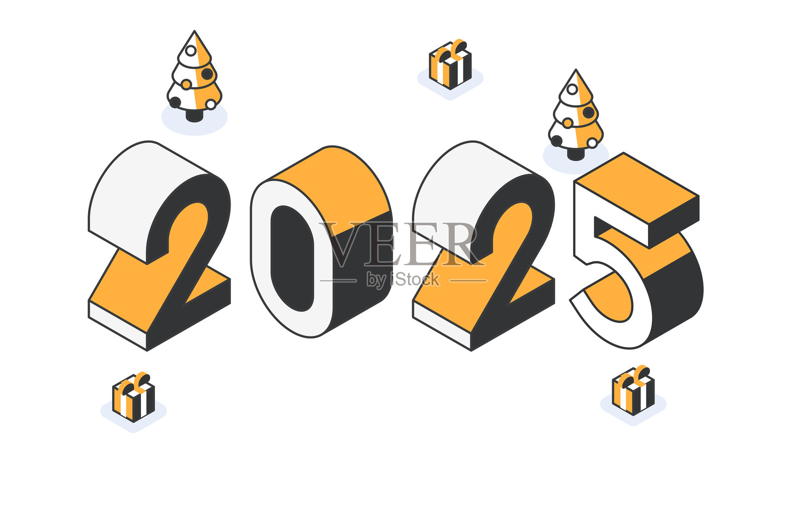 2025年新年海报设计,带有等角数字、圣诞树和礼物插画图片素材