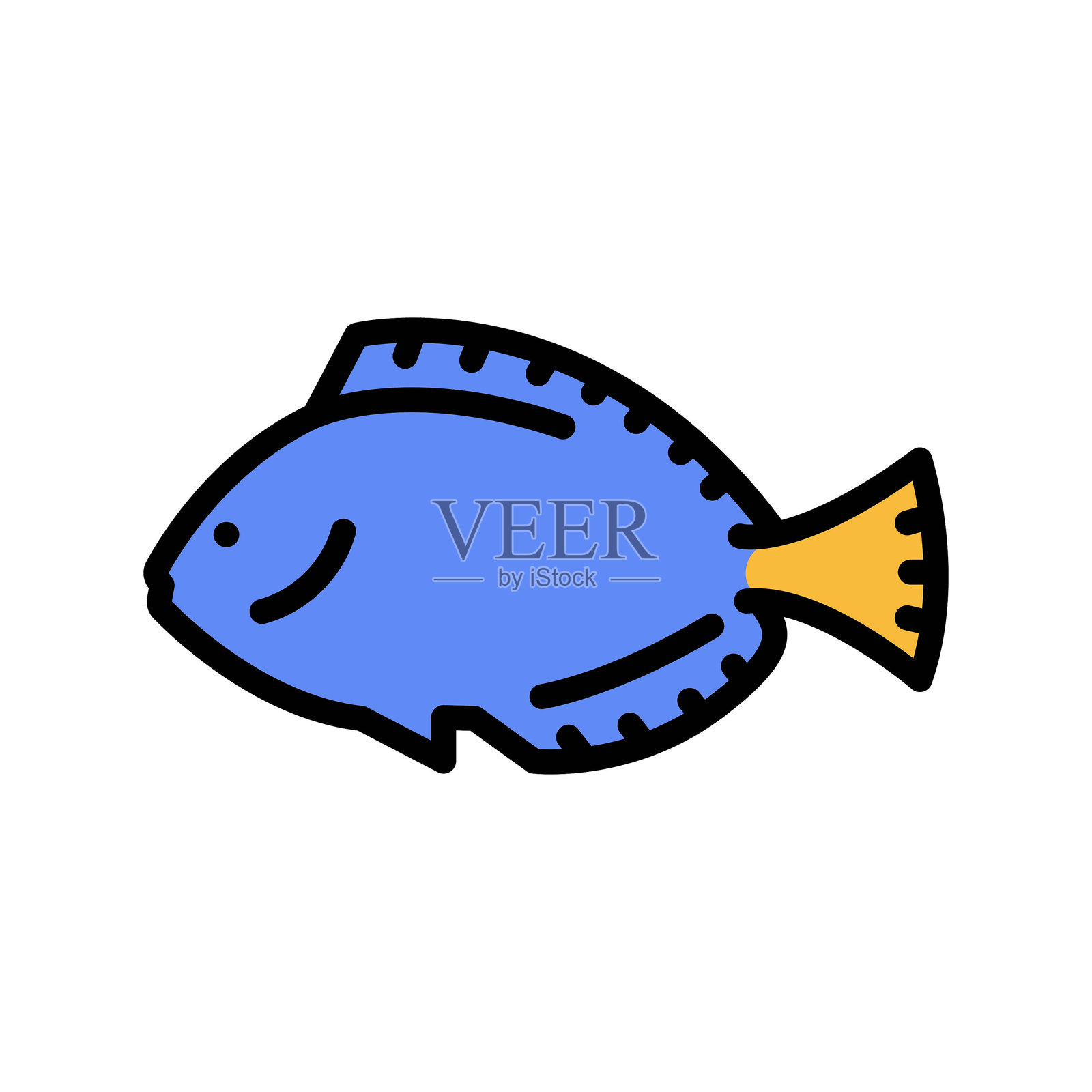 蓝色外科医生鱼(多莉鱼)黑色线条图标。热带鱼插画图片素材