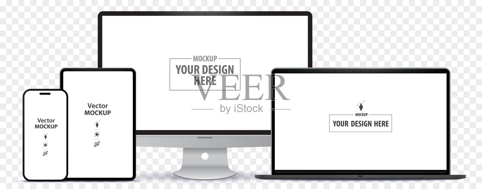桌面电脑显示器、平板电脑、手机和笔记本电脑的模型。数字设备屏幕矢量插图模板,透明背景。插画图片素材