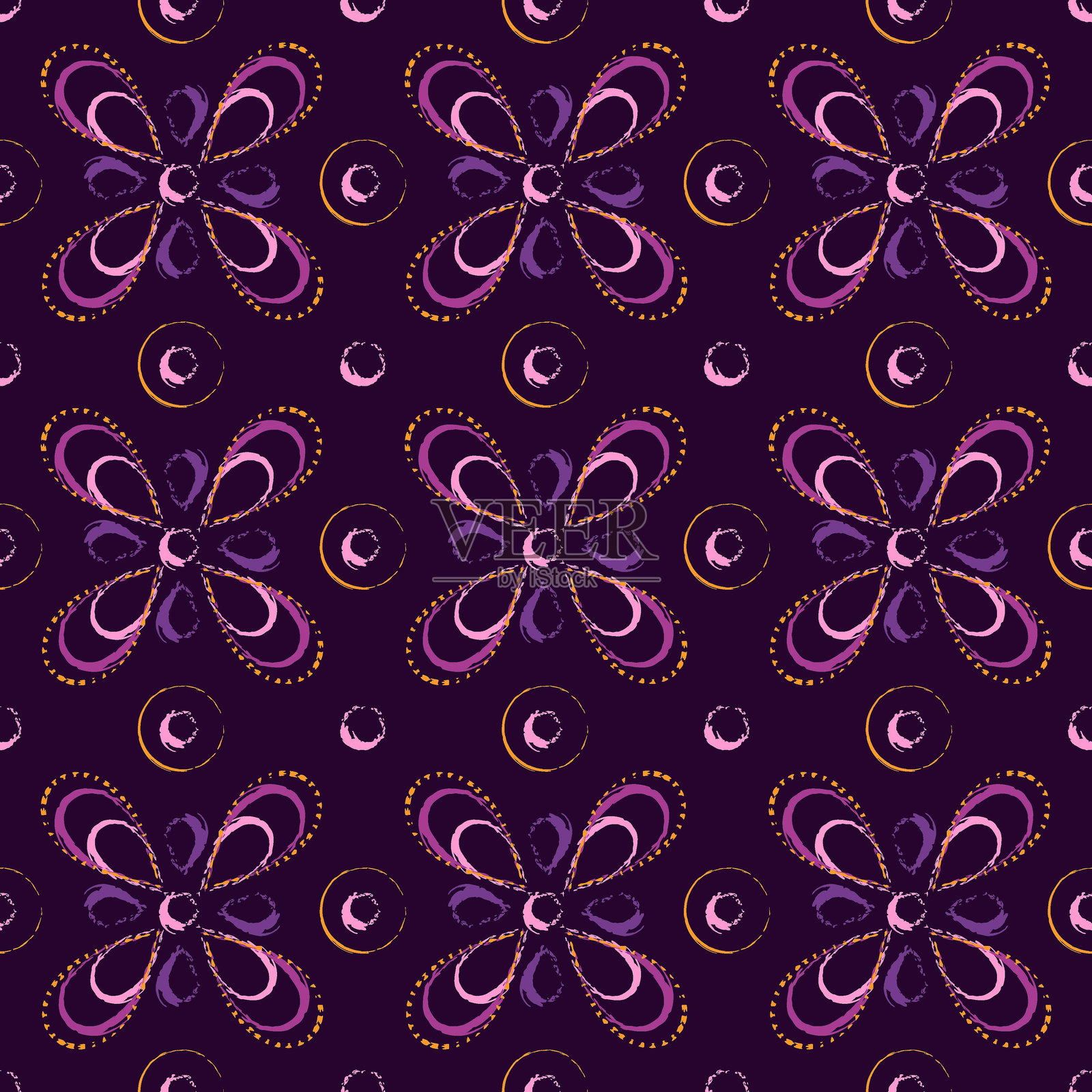 无缝图案,抽象简单的四瓣花与圆形。轮廓线条的几何形状,采用粗糙风格。明亮的笔触在深色背景上。插画图片素材