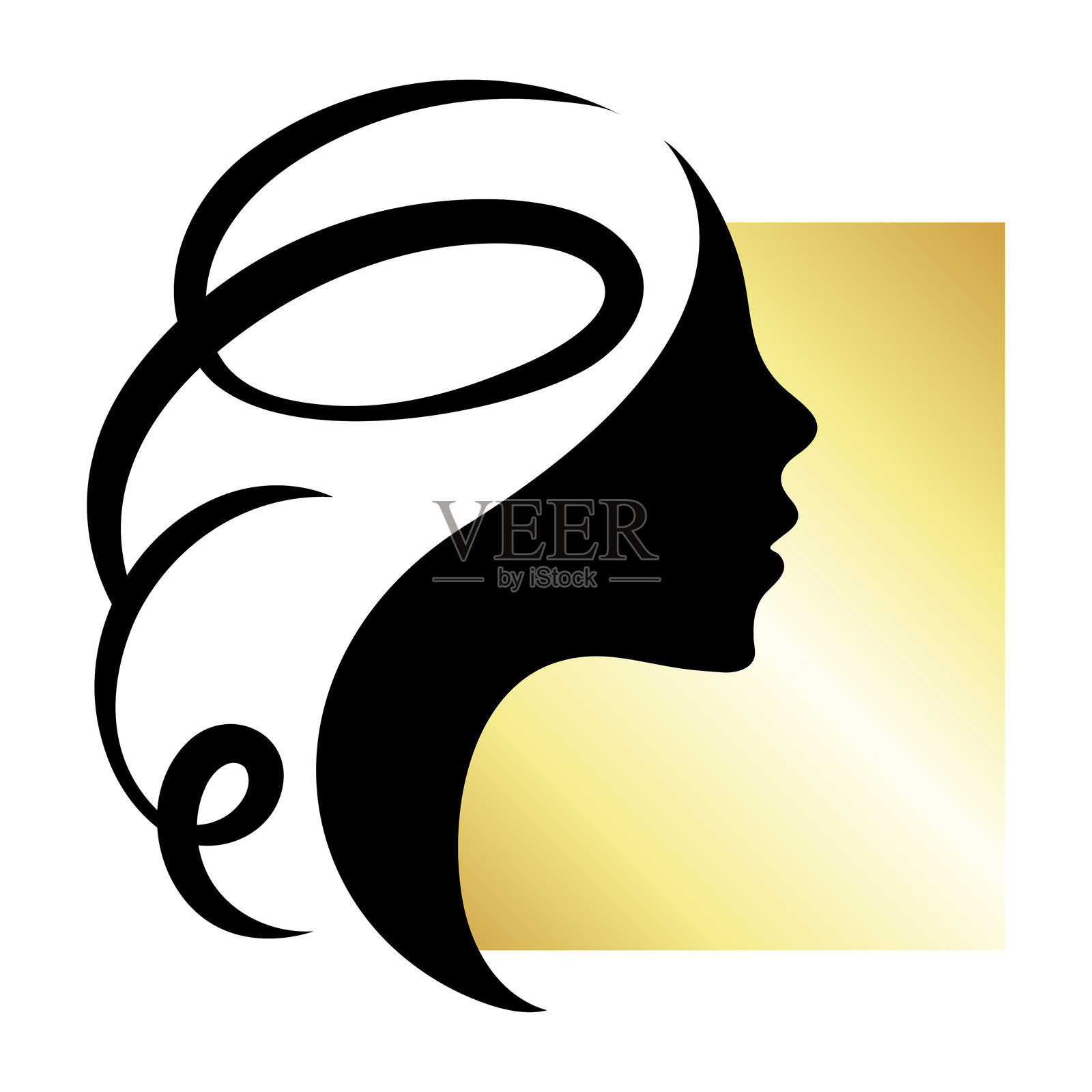 女孩头部轮廓与发型和金色方框插画图片素材