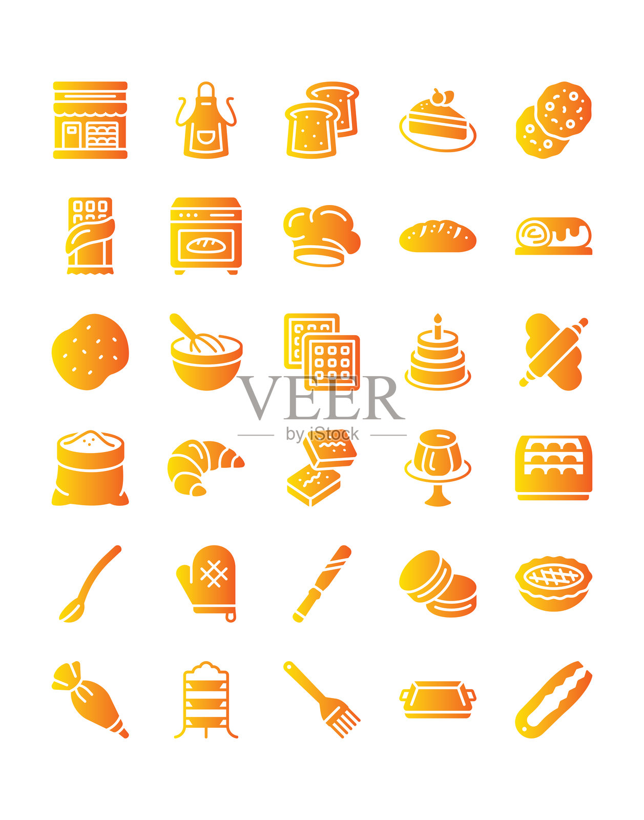 面包店图标集,30个孤立在白色背景上插画图片素材